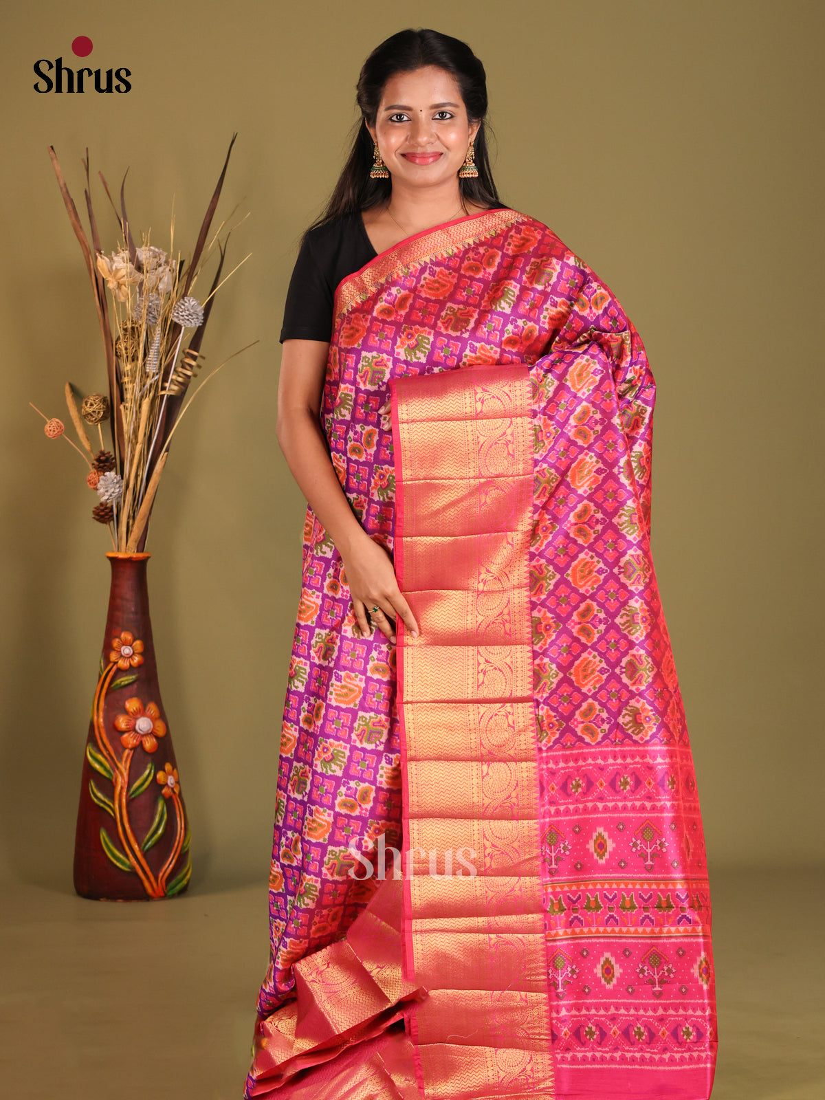 Purple & Pink - Semi Patola Saree - Shop on Shrus.com