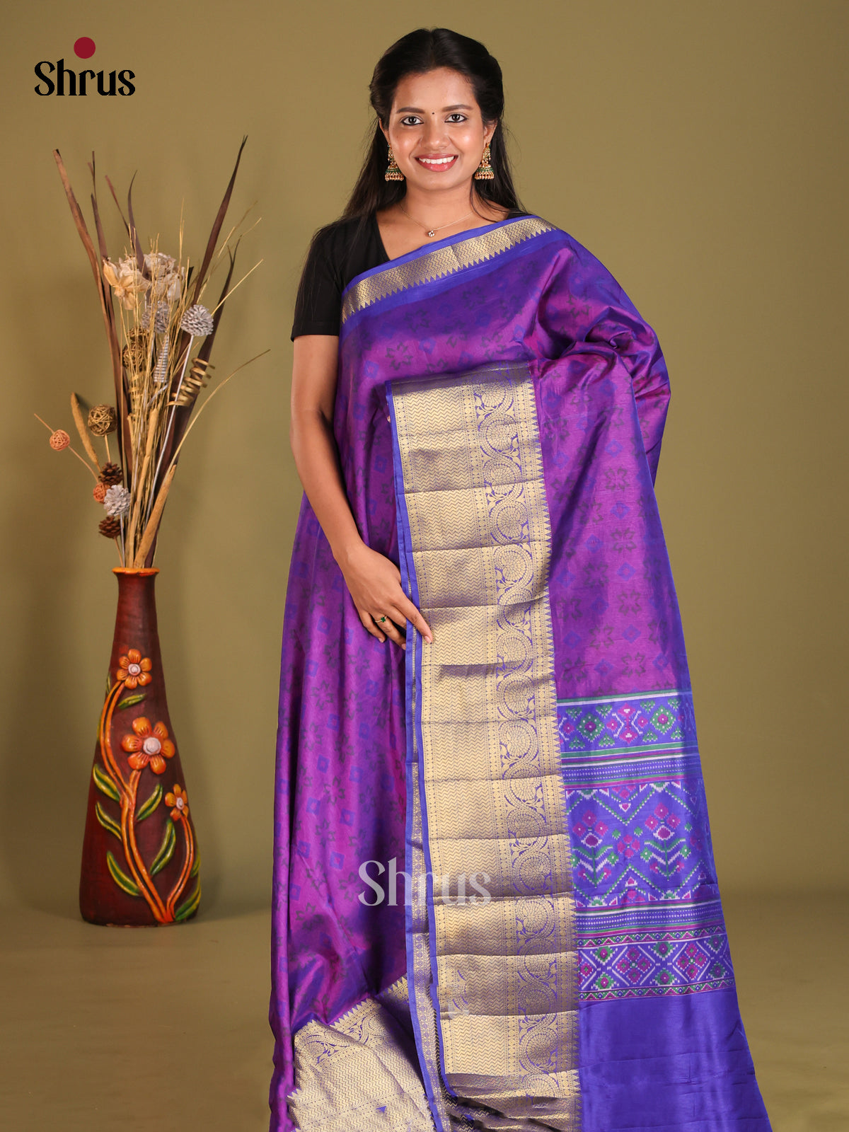 Purple & Blue - Semi Patola Saree - Shop on Shrus.com