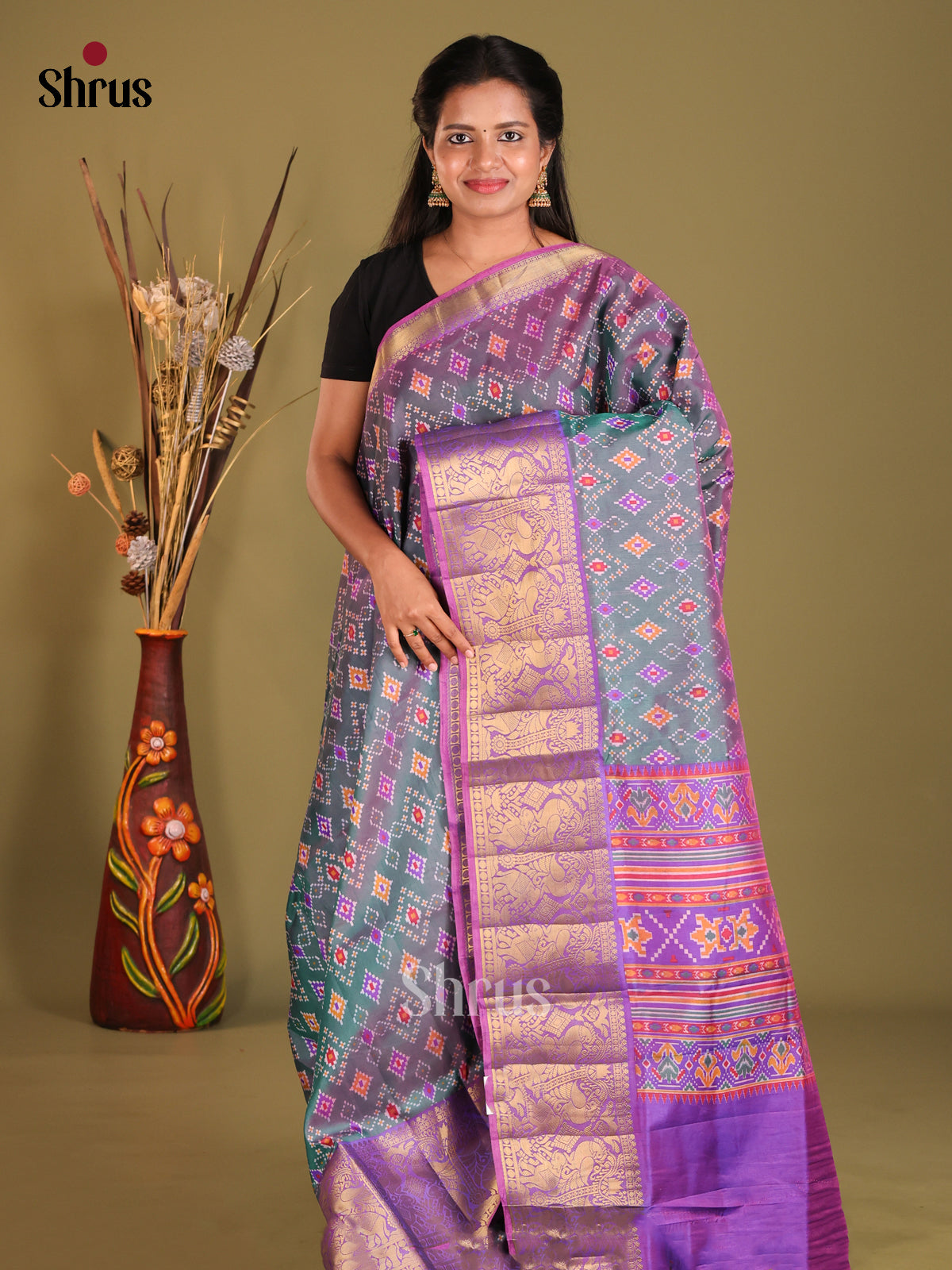 Double Shaded Green & Purple - Semi Patola Saree - Shop on Shrus.com