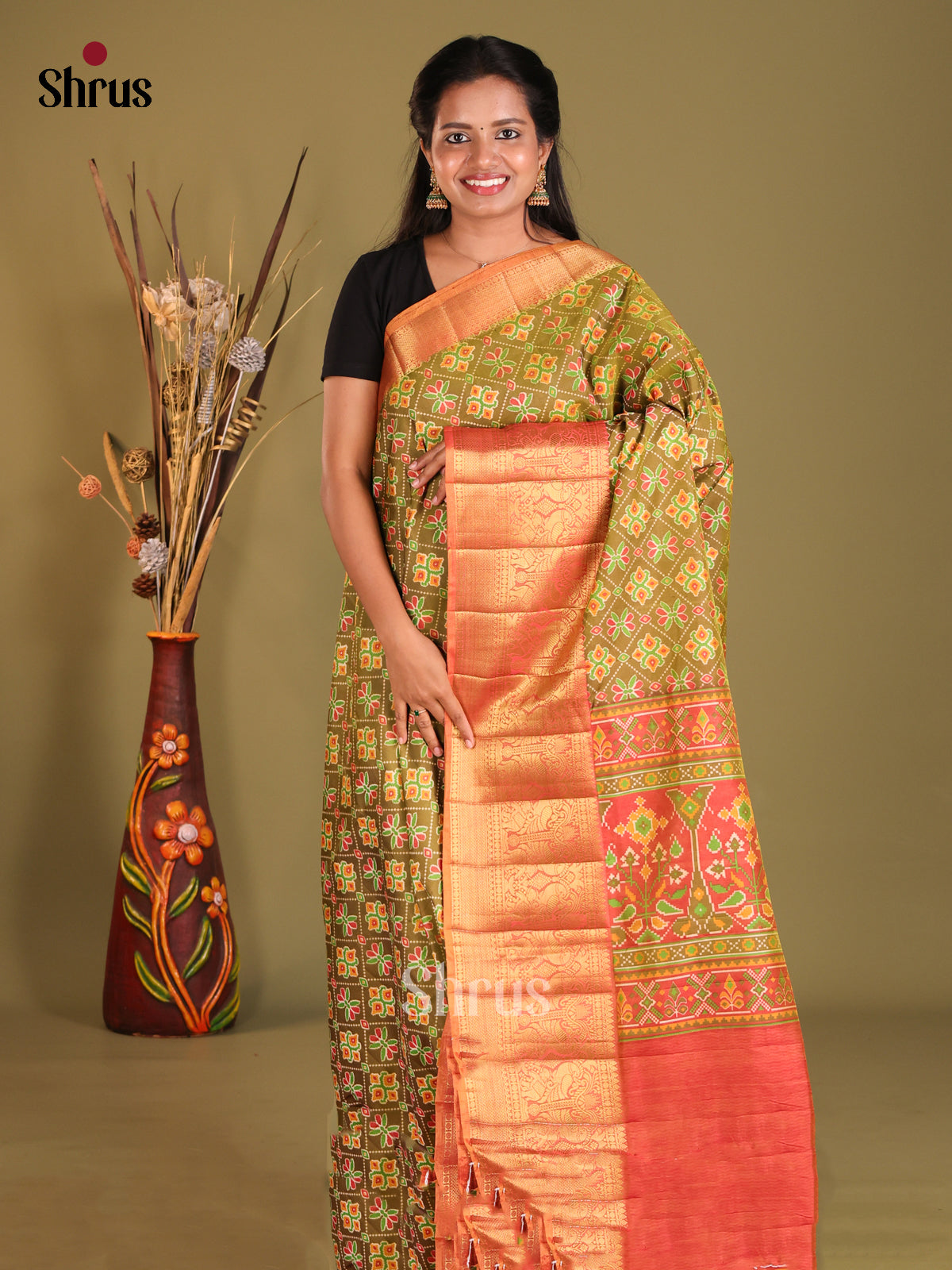 Green & Orange- Semi Patola Saree - Shop on Shrus.com