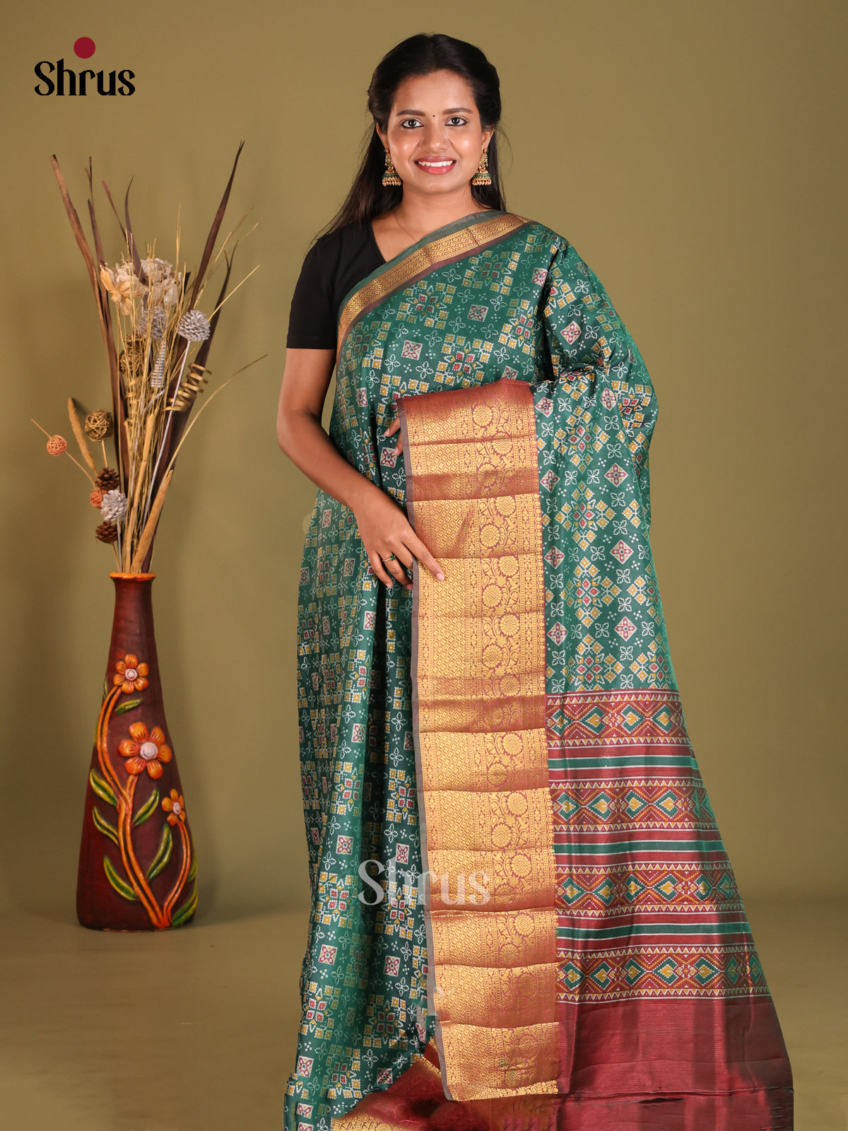 Green & Maroon- Semi Patola Saree - Shop on Shrus.com