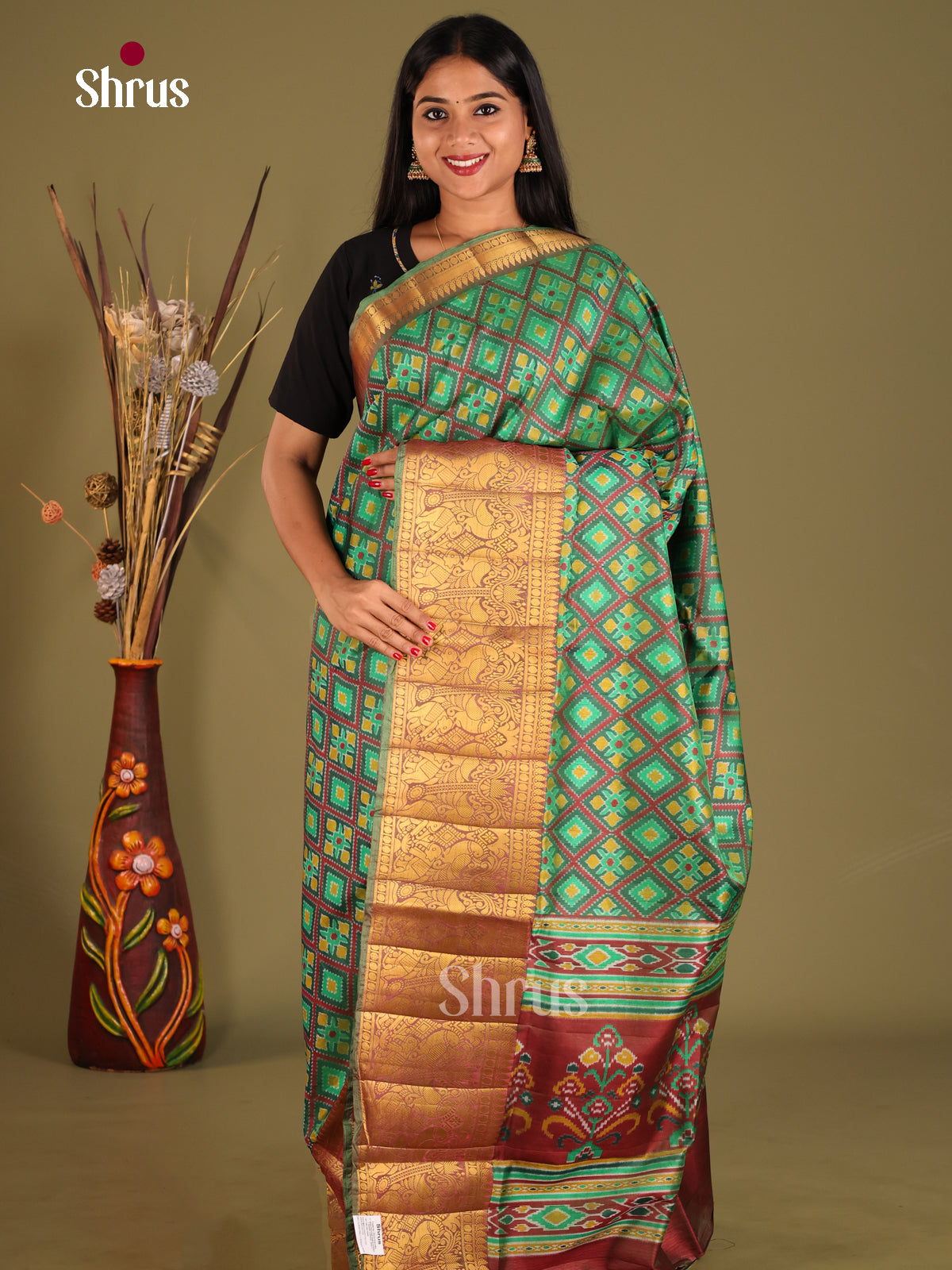 Green & Brown - Semi Patola Saree - Shop on Shrus.com