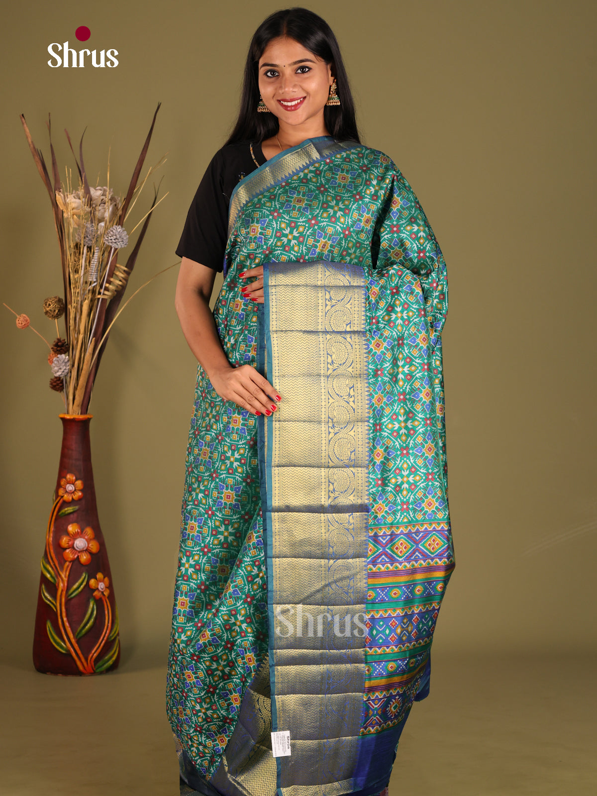 Green & Blue- Semi Patola Saree - Shop on Shrus.com