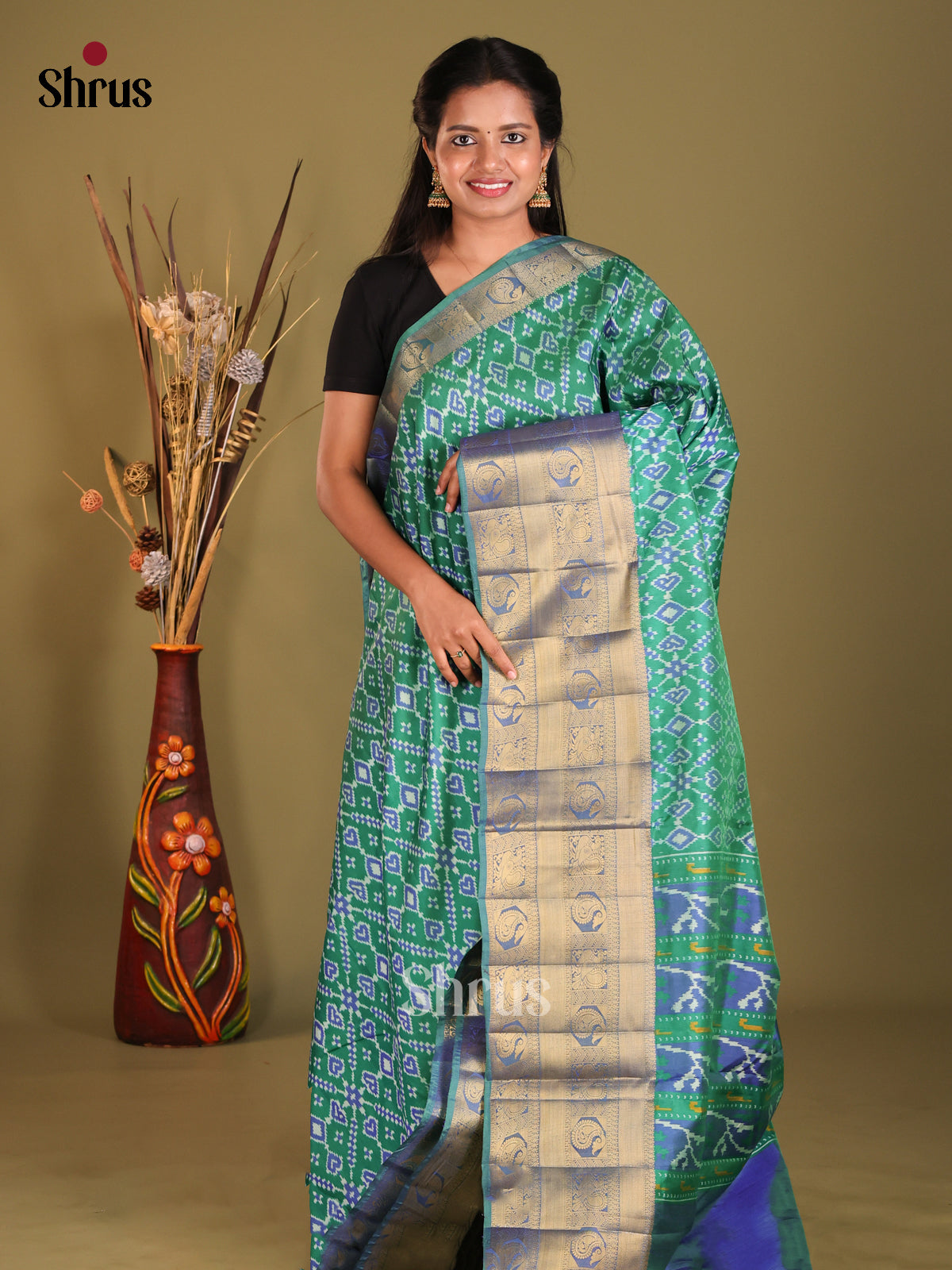 Green & Blue - Semi Patola Saree - Shop on Shrus.com