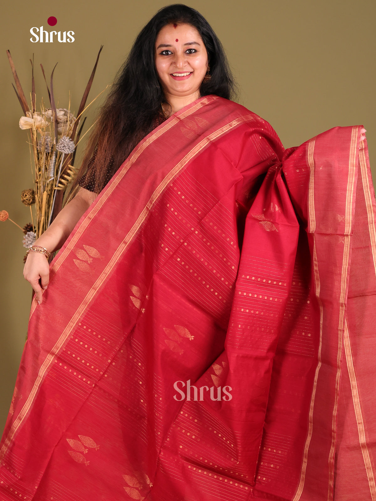 Red single tone Silk Cotton Saree with zari stripes, floral buttas - Shop on Shrus.com
