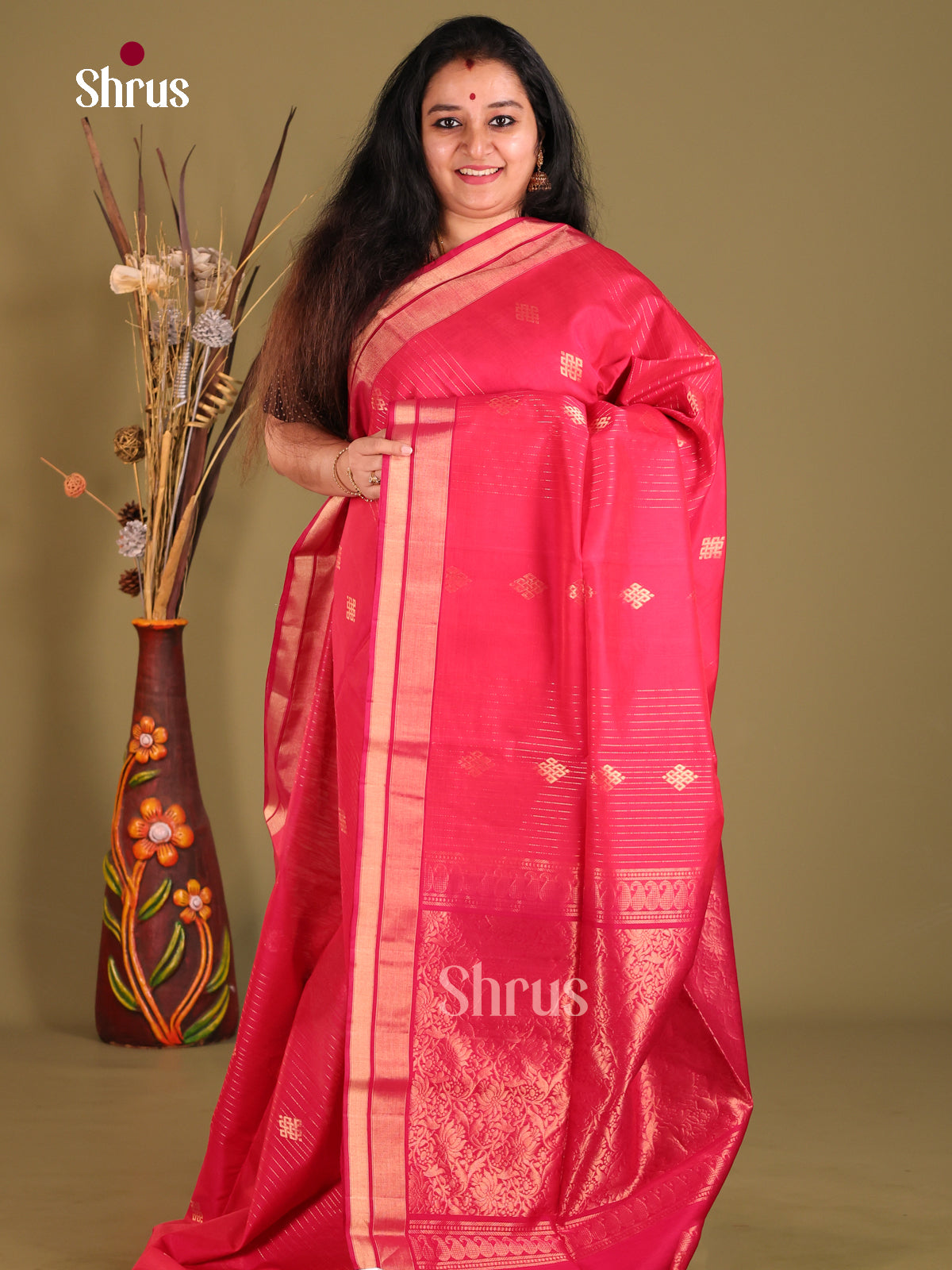Pink Single Tone Silk Cotton Saree with zari stripes, floral buttas - Shop on Shrus.com