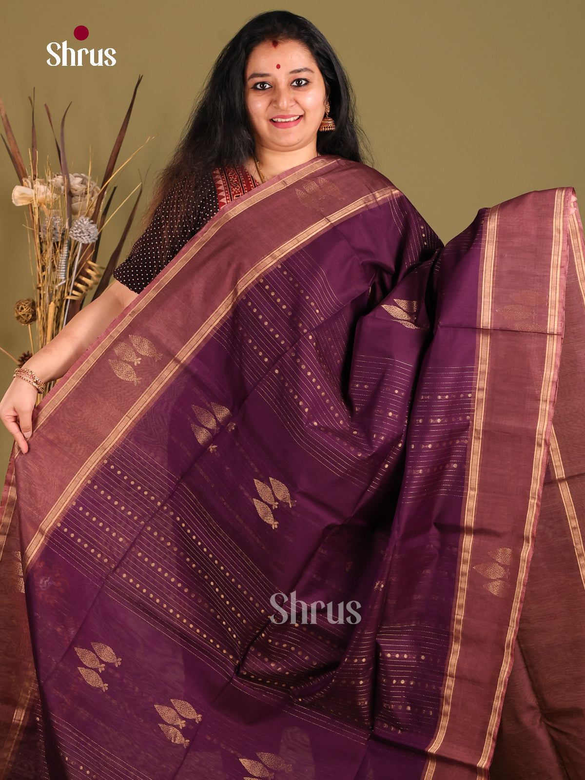 Violet & Brown Silk Cotton Saree with zari stripes , buttas - Shop on Shrus.com