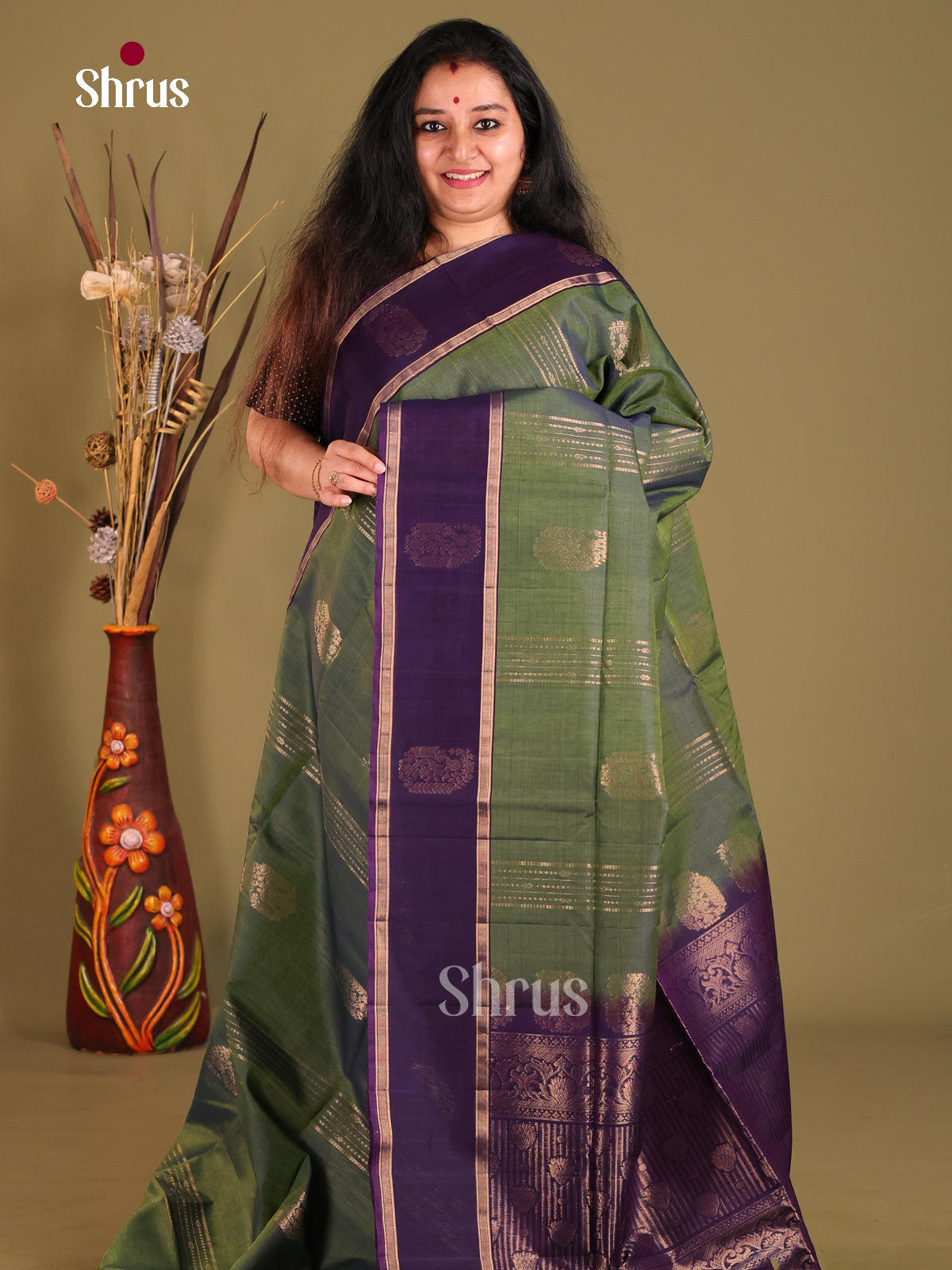 Green & Violet  Silk Cotton Saree with zari stripes , paisleys motifs - Shop on Shrus.com
