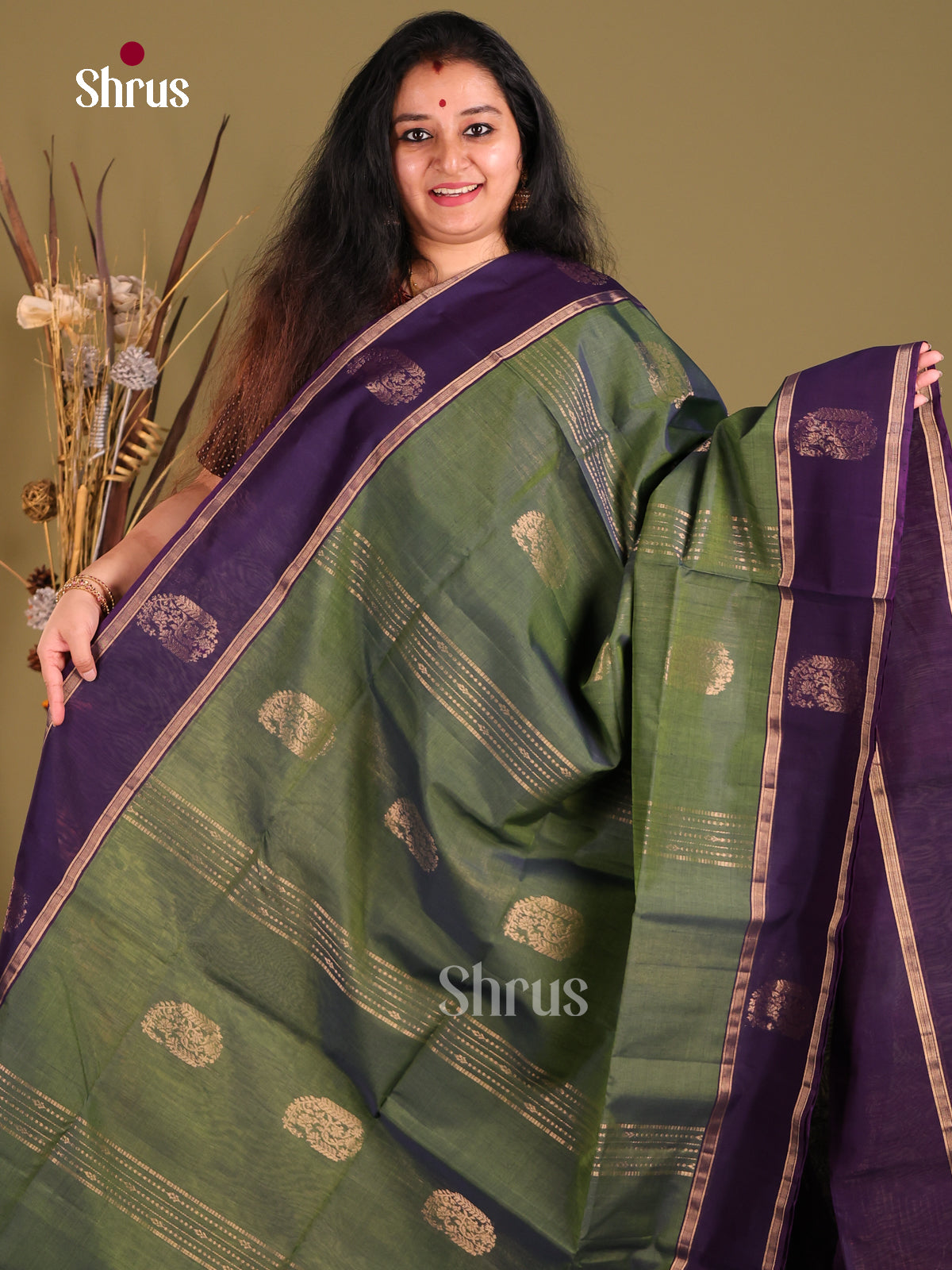 Green & Violet  Silk Cotton Saree with zari stripes , paisleys motifs - Shop on Shrus.com