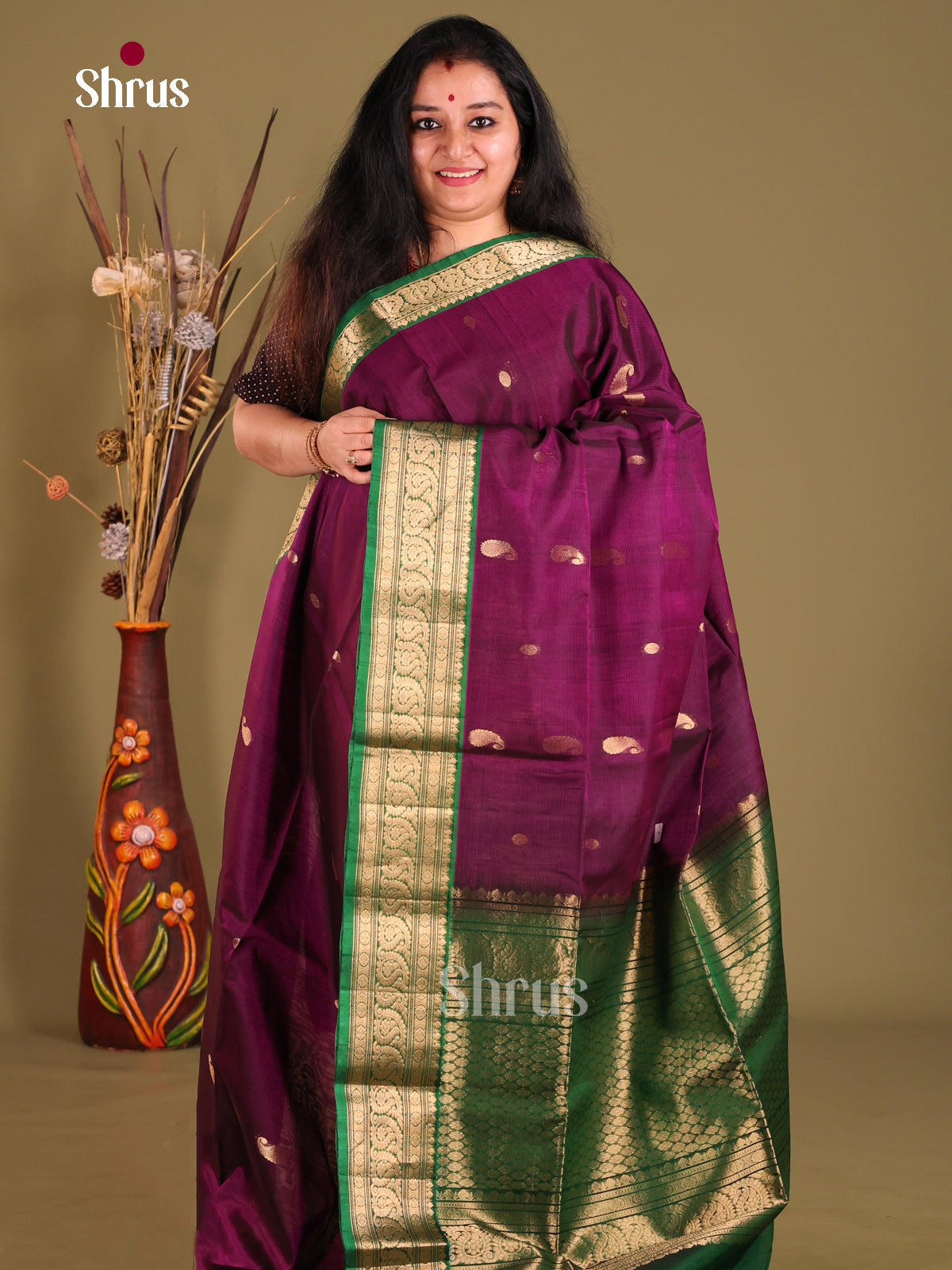 Purple & Green  Silk Cotton Saree with rich zari border - Shop on Shrus.com
