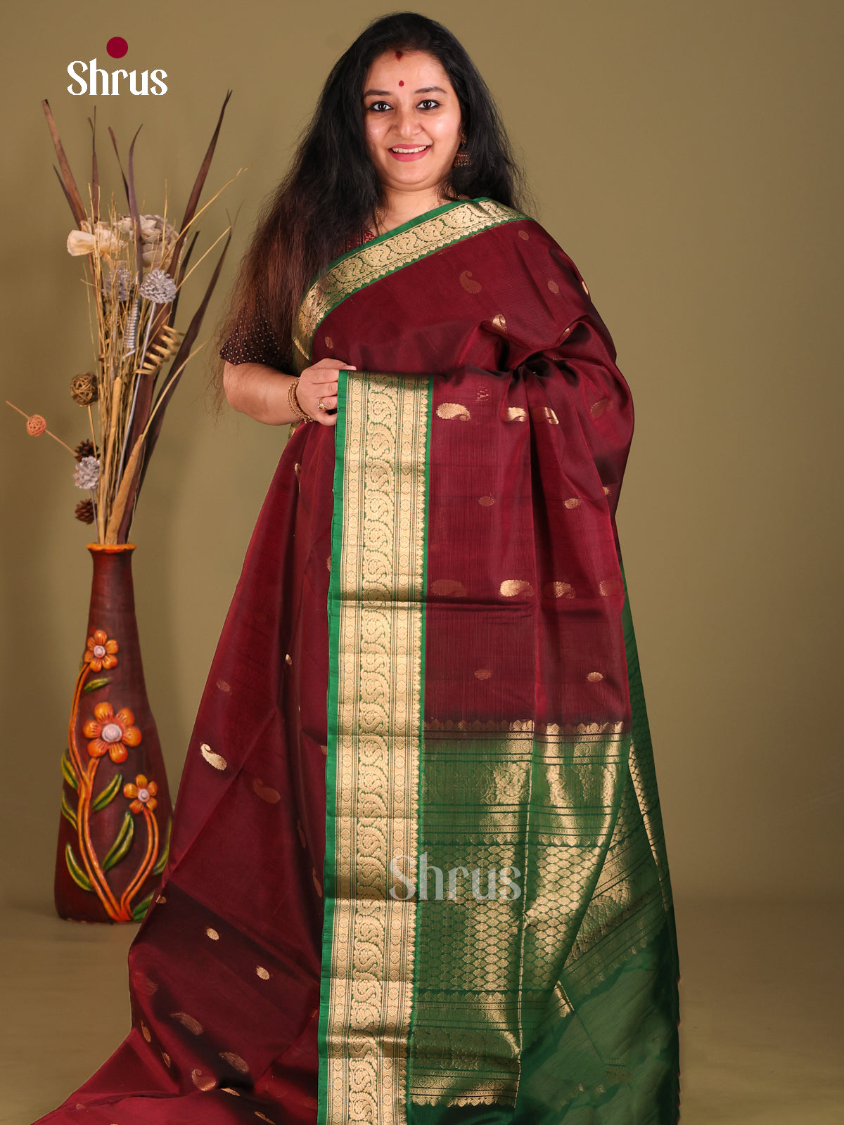 Maroon & Green Silk Cotton Saree with splendid contrast zari border - Shop on Shrus.com