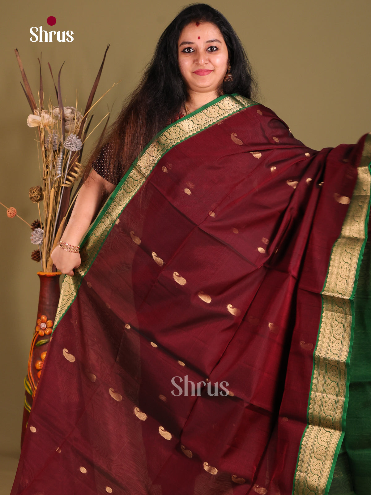 Maroon & Green Silk Cotton Saree with splendid contrast zari border - Shop on Shrus.com