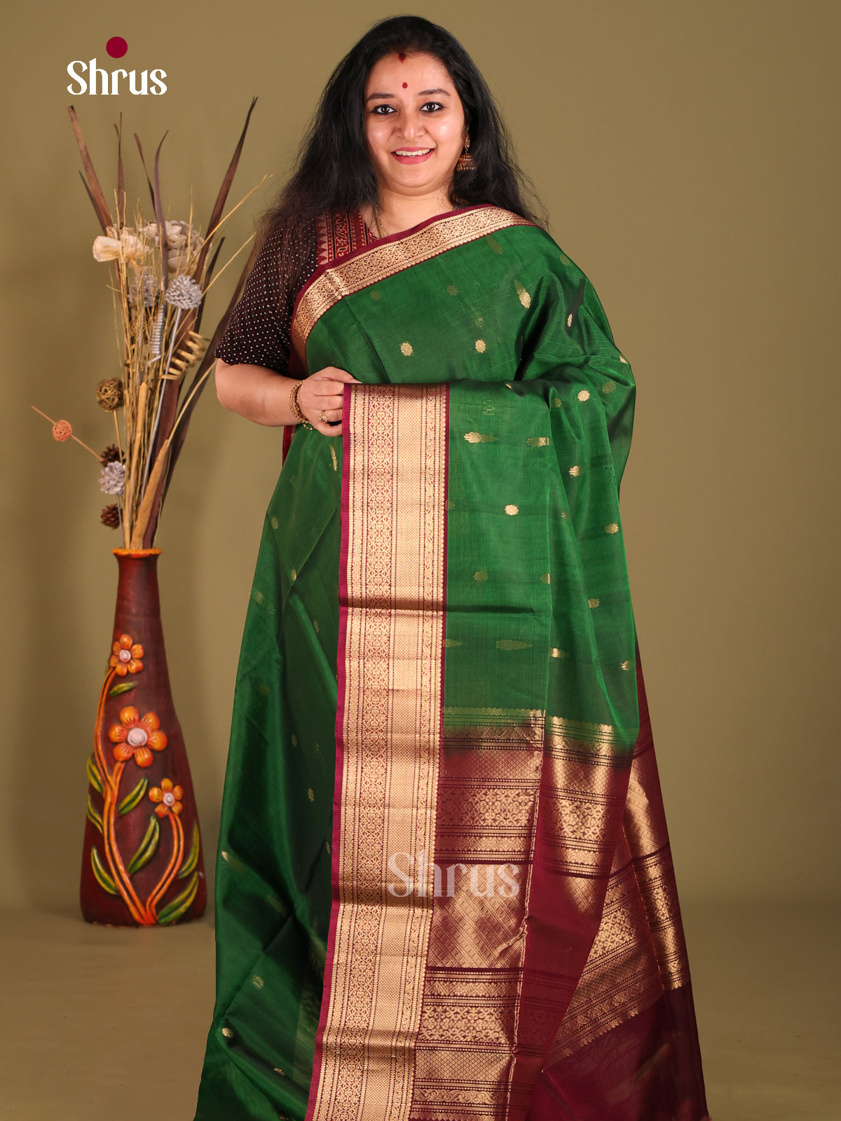 Green & Maroon   Silk Cotton Saree with floral vines zari border - Shop on Shrus.com