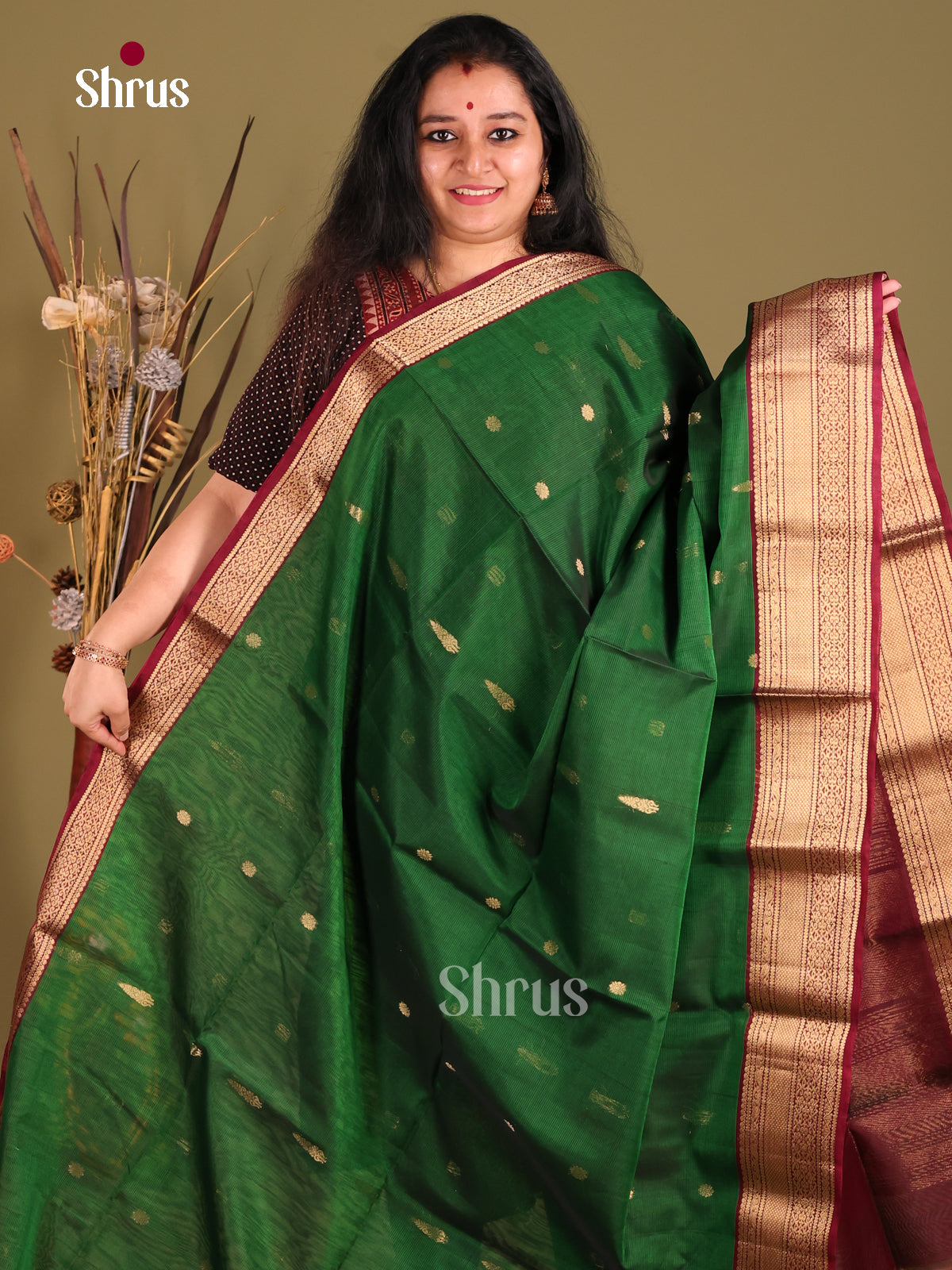 Green & Maroon   Silk Cotton Saree with floral vines zari border - Shop on Shrus.com