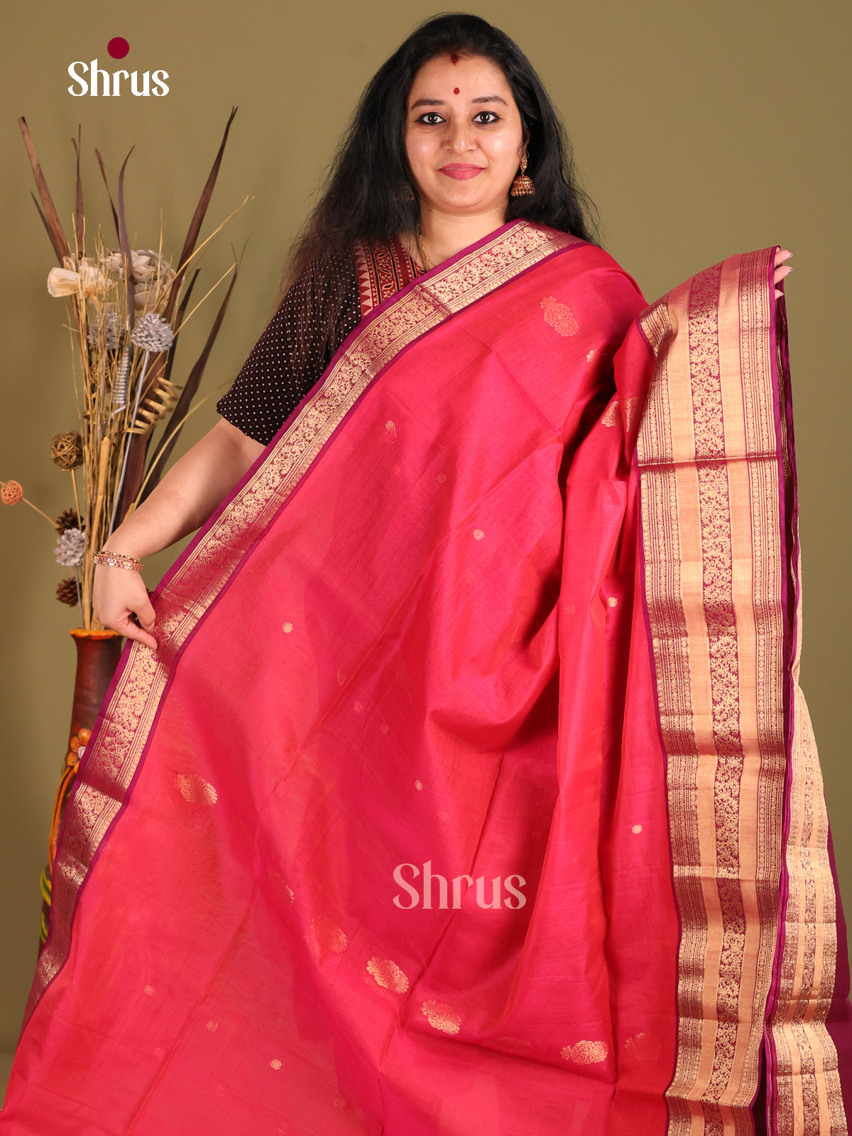 Pink & Maroon Silk Cotton Saree with rich contrast zari border - Shop on Shrus.com