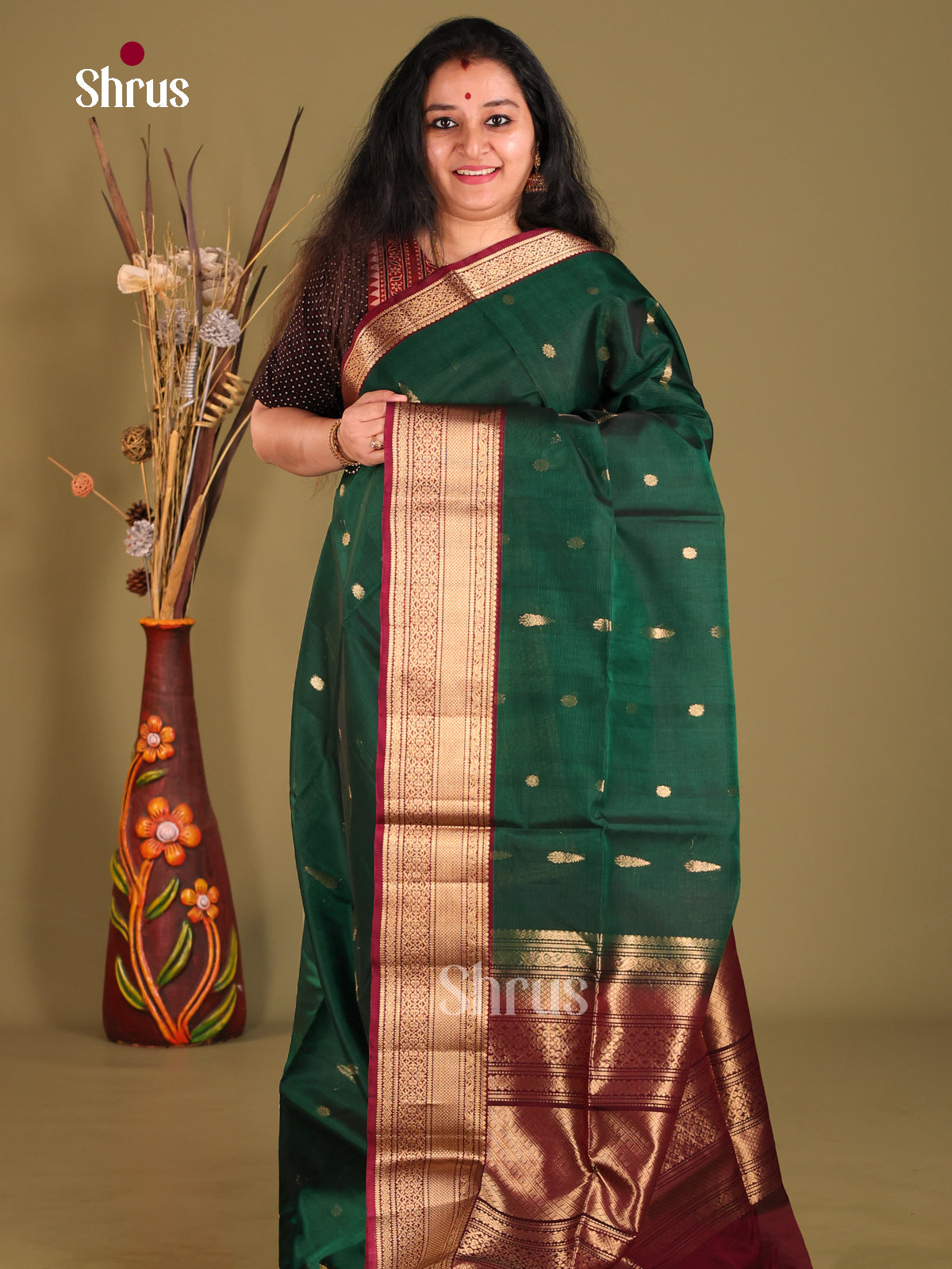 Green & Maroon Silk Cotton Saree with rich contrast zari border - Shop on Shrus.com