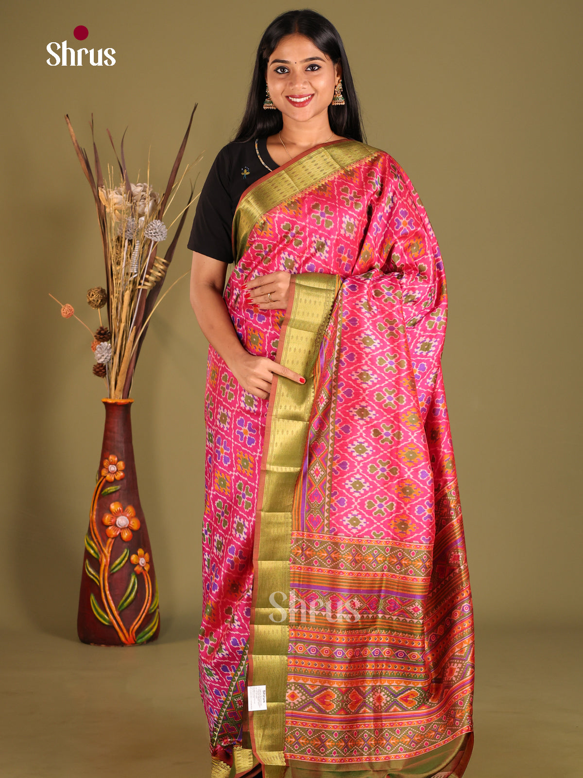 Pink & Green - Semi Patola Saree - Shop on Shrus.com