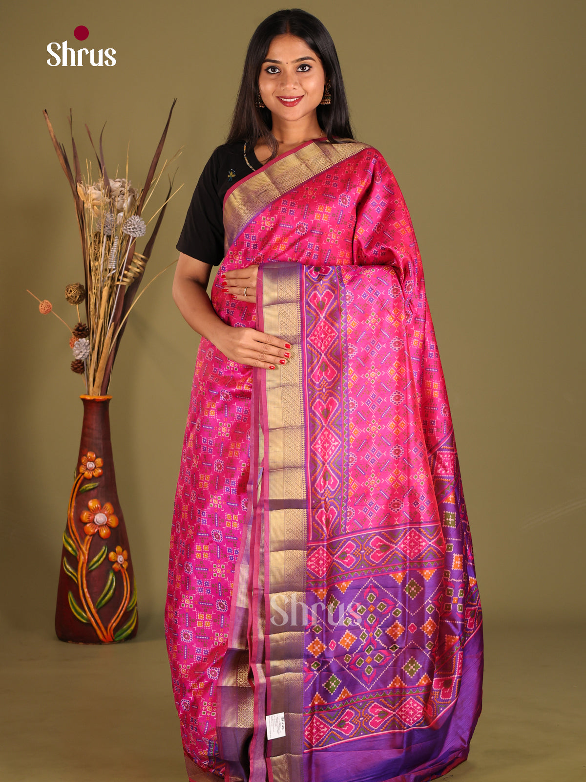 Pink & Purple- Semi Patola Saree - Shop on Shrus.com