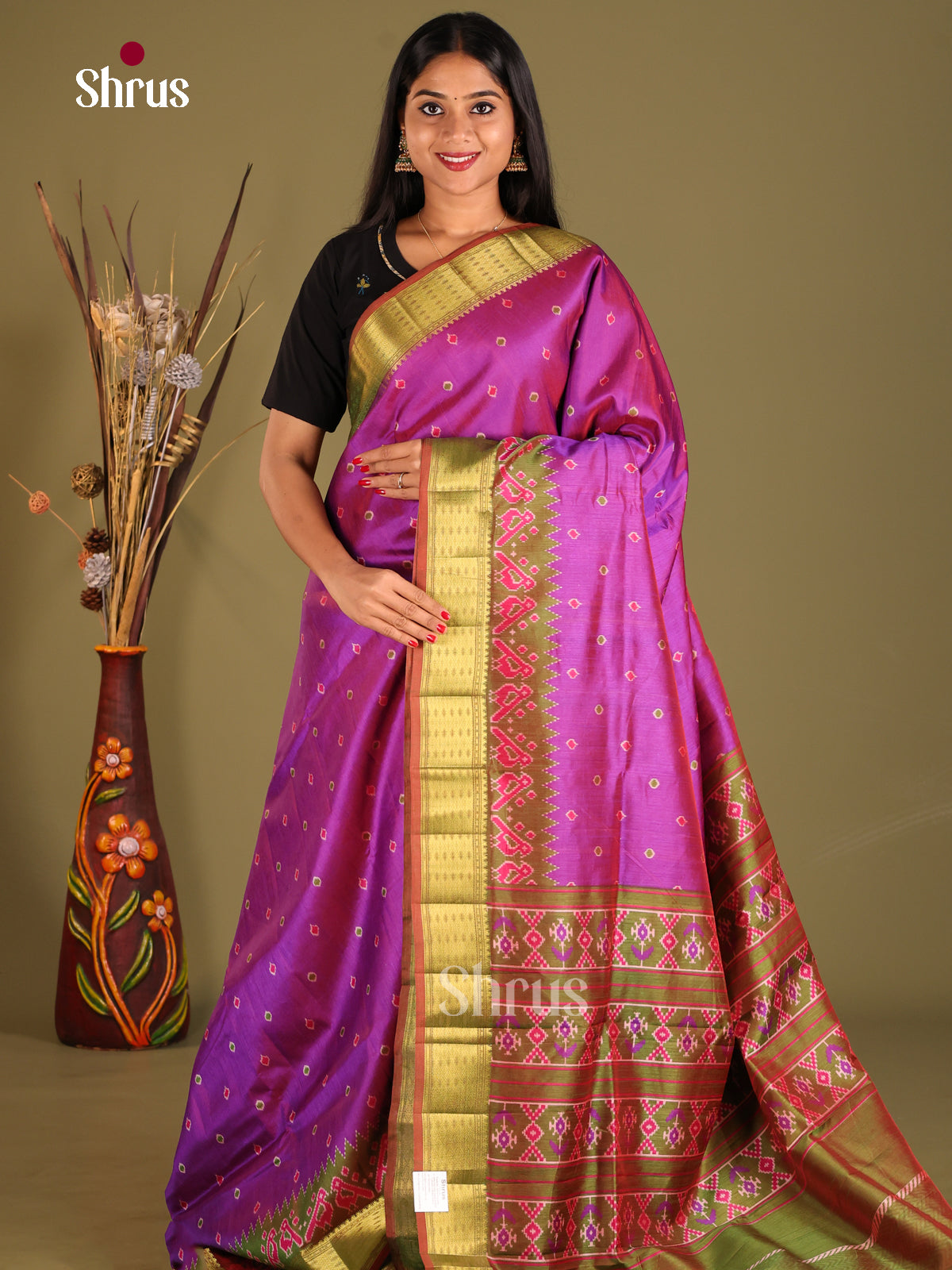 Purple & Green - Semi Patola Saree - Shop on Shrus.com