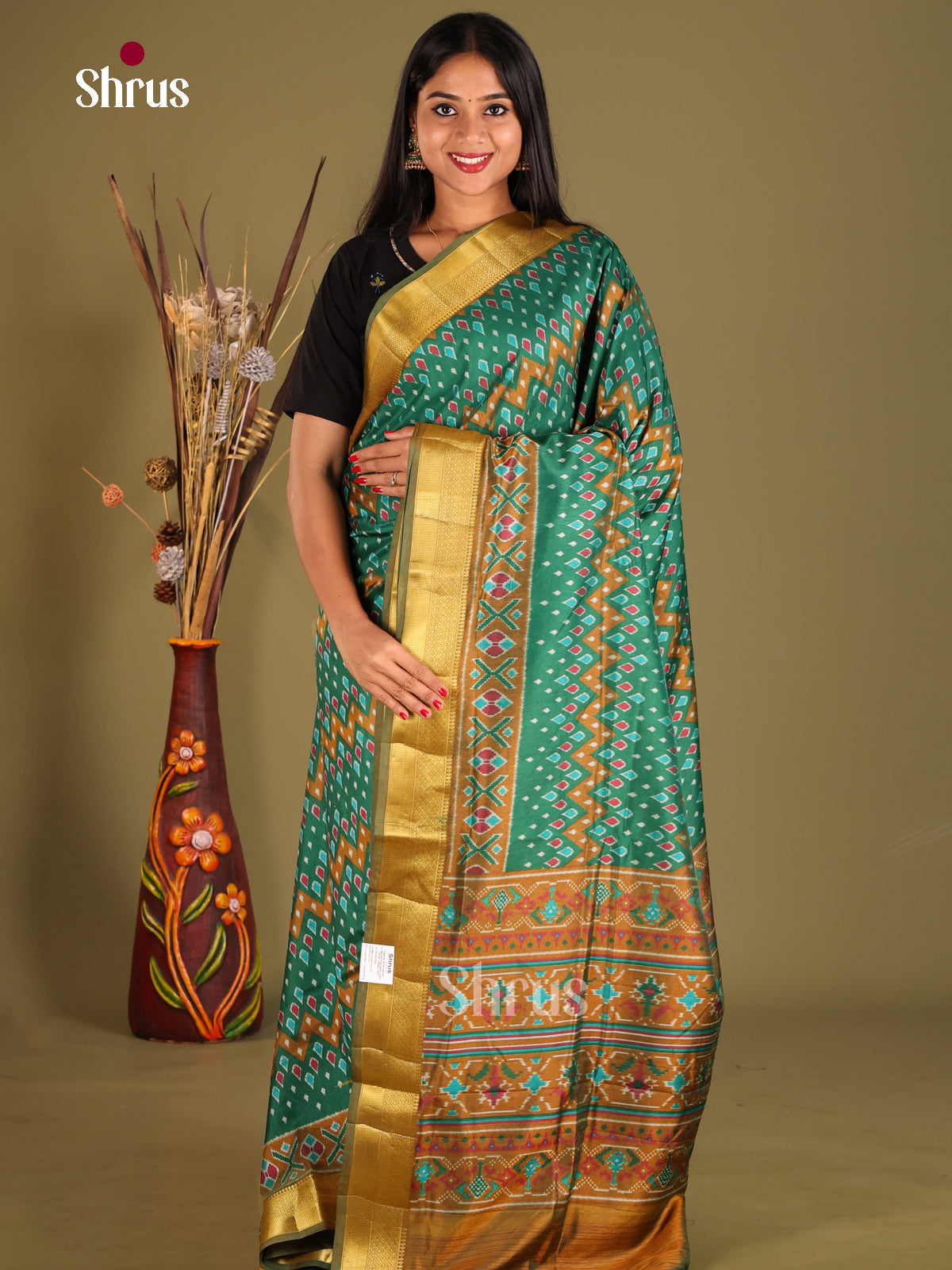 Green & Mustard - Semi Patola Saree - Shop on Shrus.com