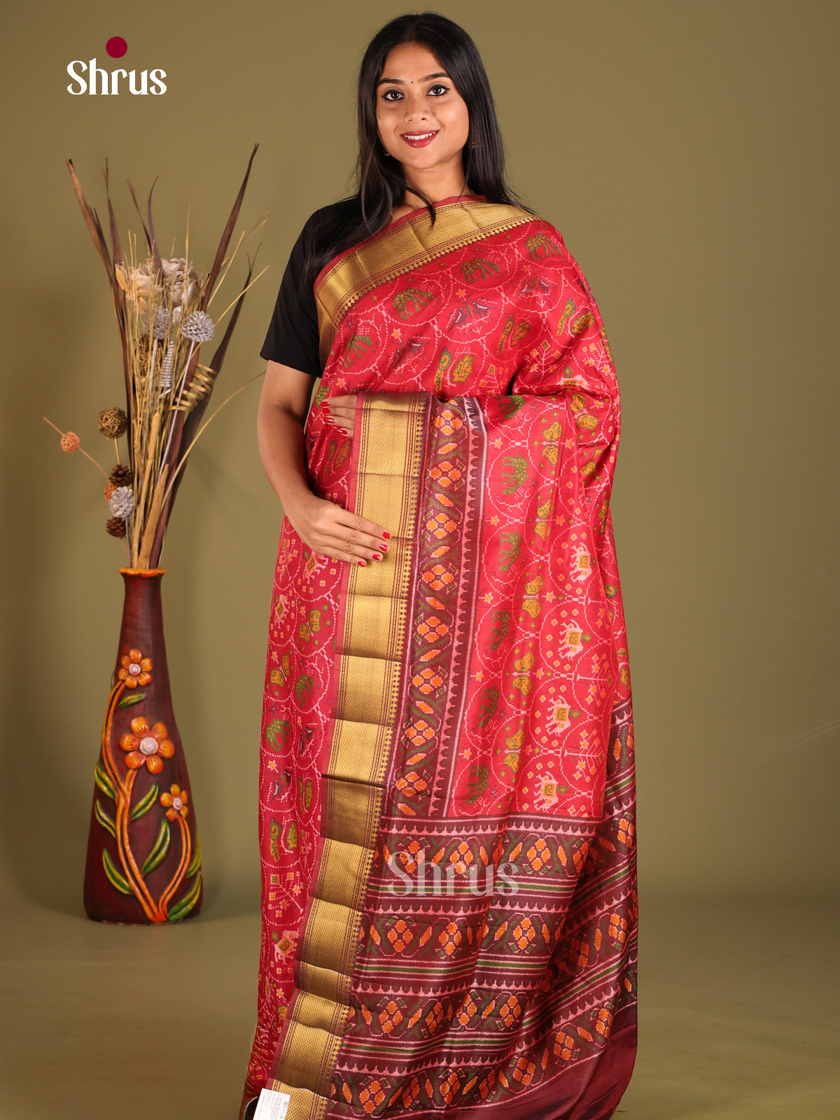 Red & Maroon - Semi Patola Saree - Shop on Shrus.com