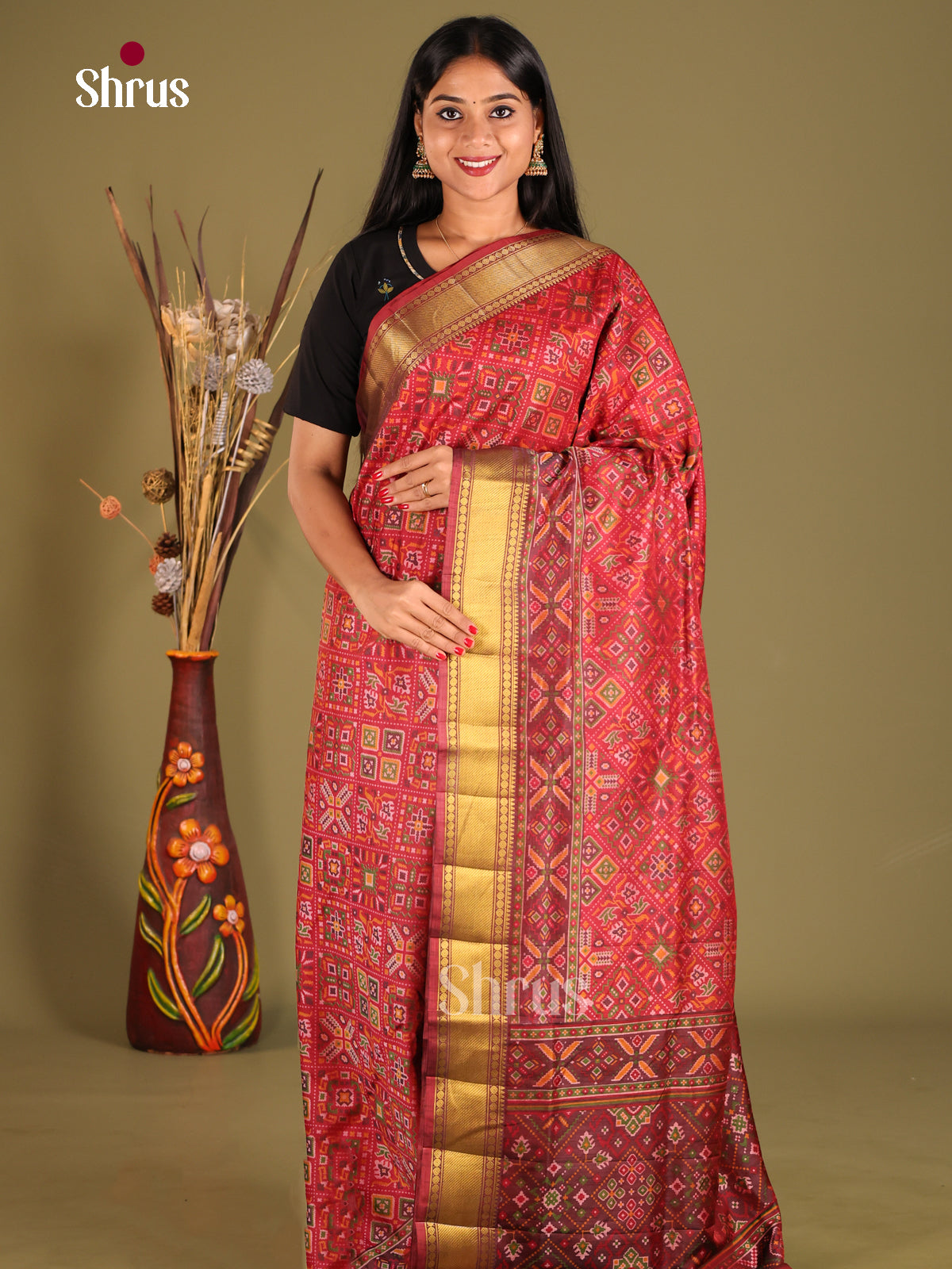 Red & Maroon - Semi Patola Saree - Shop on Shrus.com