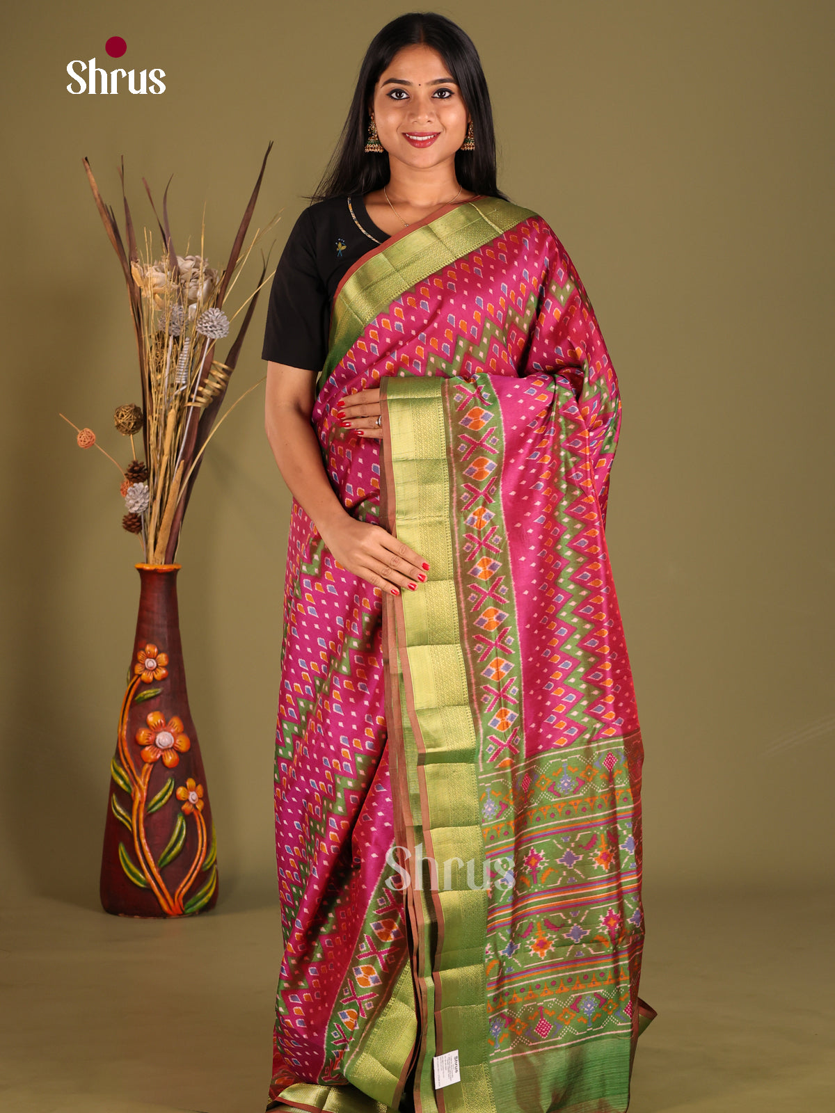 Maroon & Green- Semi Patola Saree - Shop on Shrus.com
