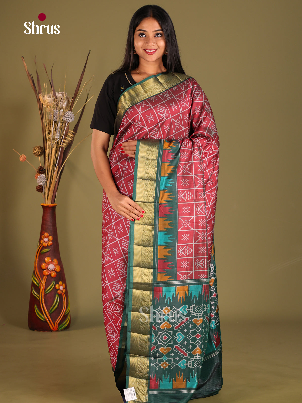 Maroon  & Green - Semi Patola Saree - Shop on Shrus.com