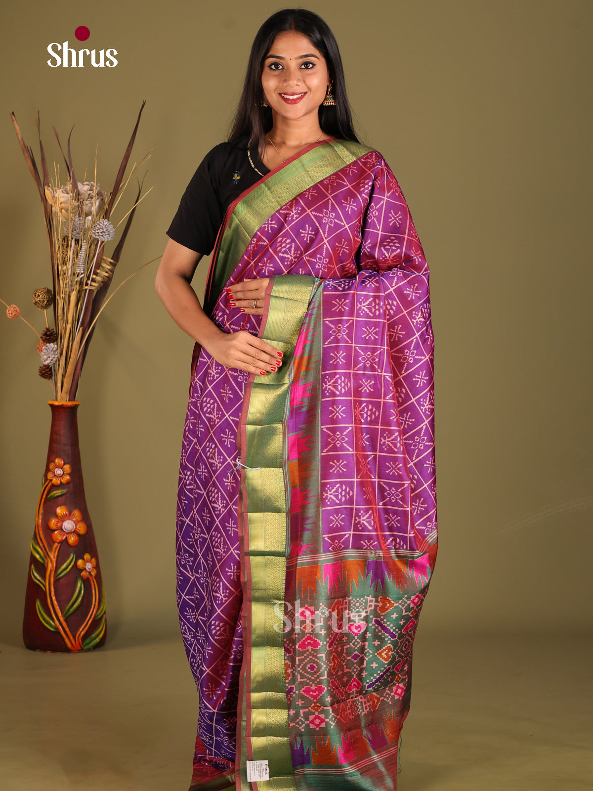 Purple & Green - Semi Patola Saree - Shop on Shrus.com
