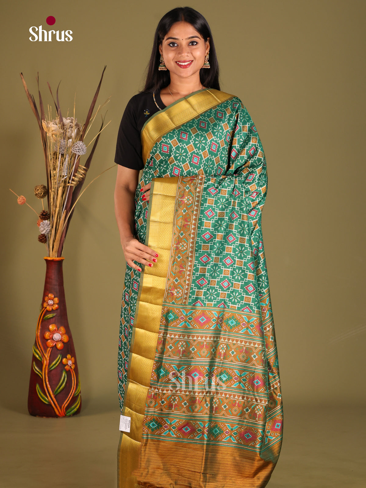 Green & Mustard - Semi Patola Saree - Shop on Shrus.com
