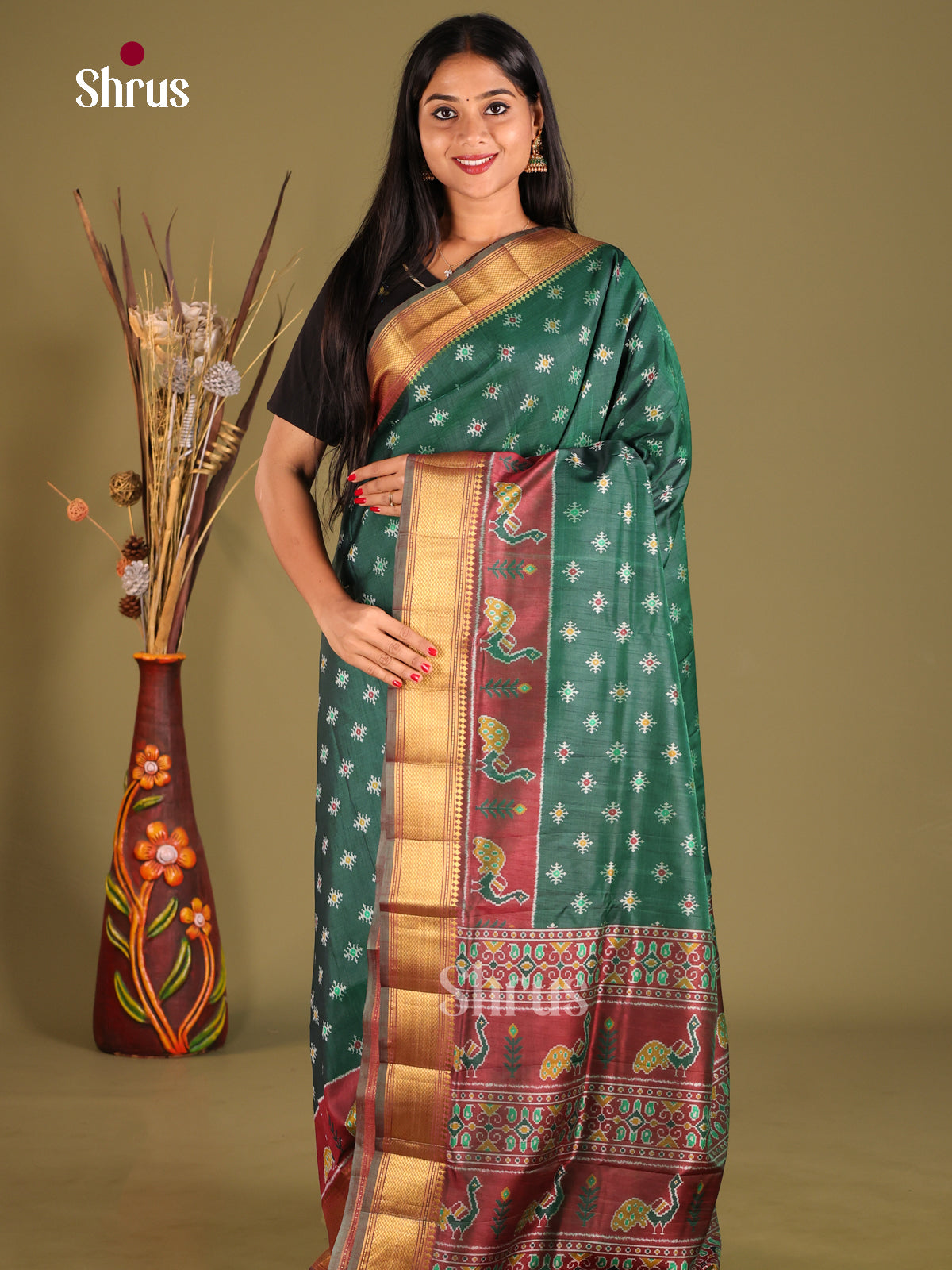 Green & Brown - Semi Patola Saree - Shop on Shrus.com