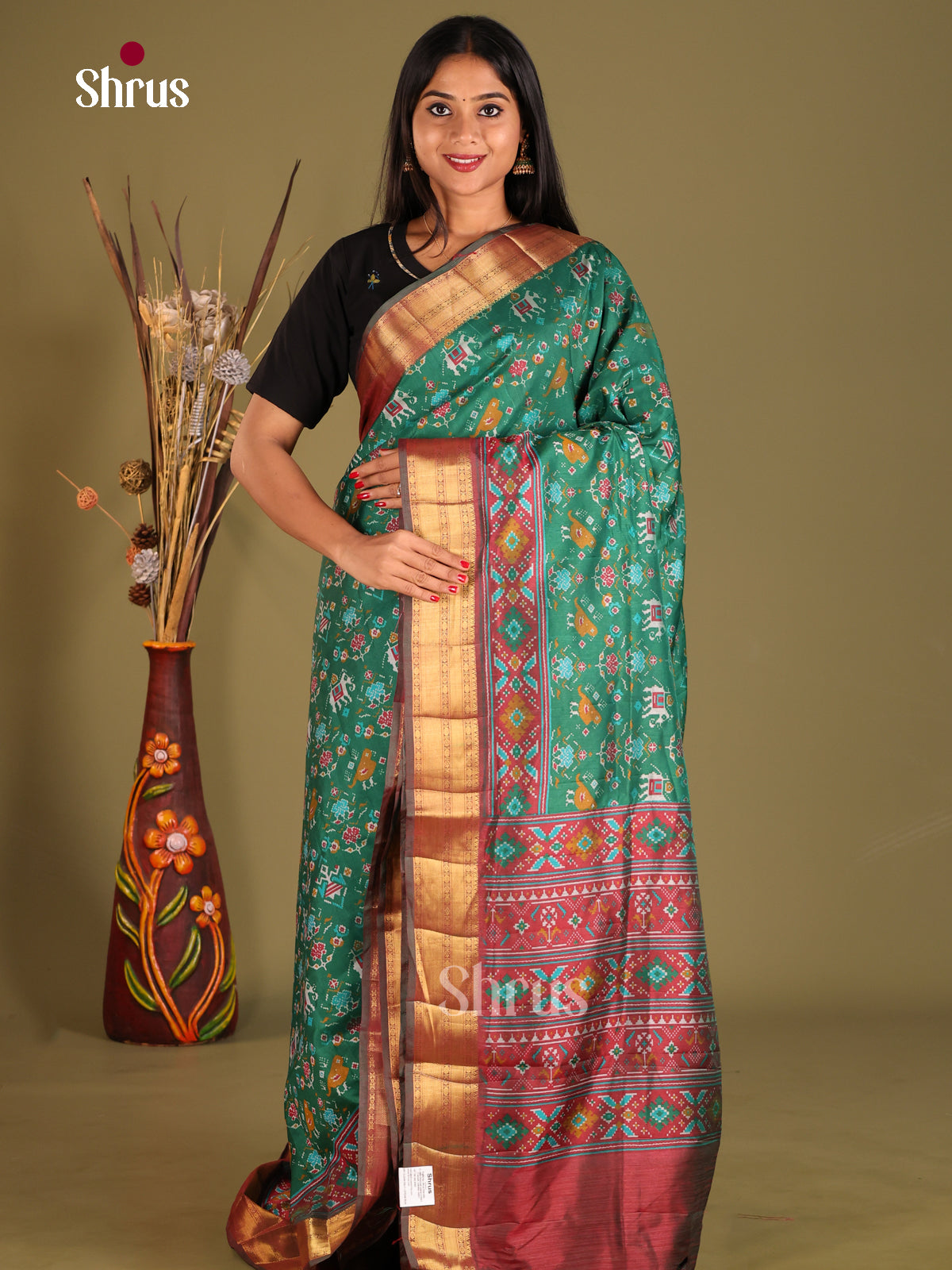 Green & Maroon - Semi Patola Saree - Shop on Shrus.com
