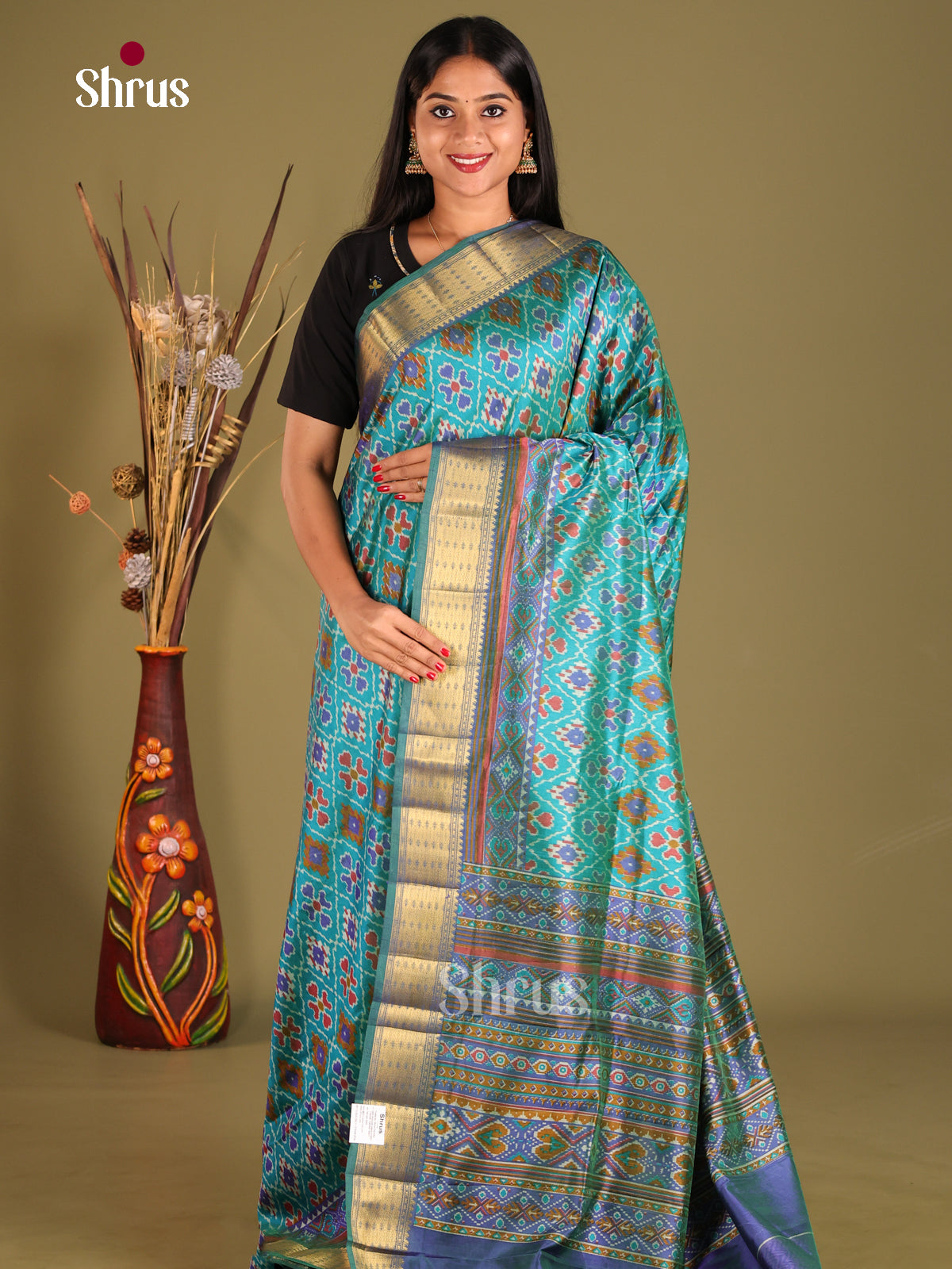 Teal & Blue - Semi Patola Saree - Shop on Shrus.com