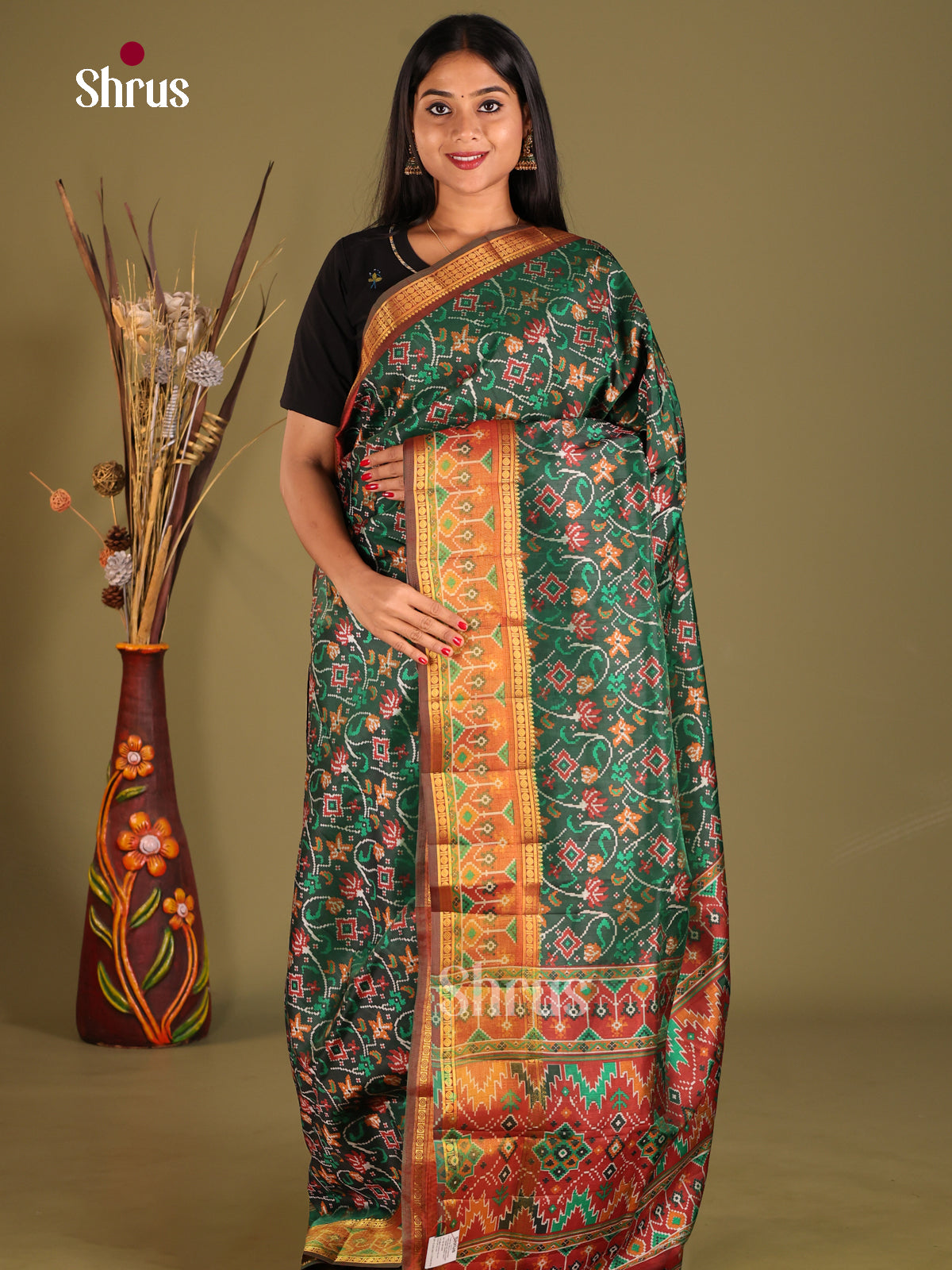 Green & Brown - Semi Patola Saree - Shop on Shrus.com