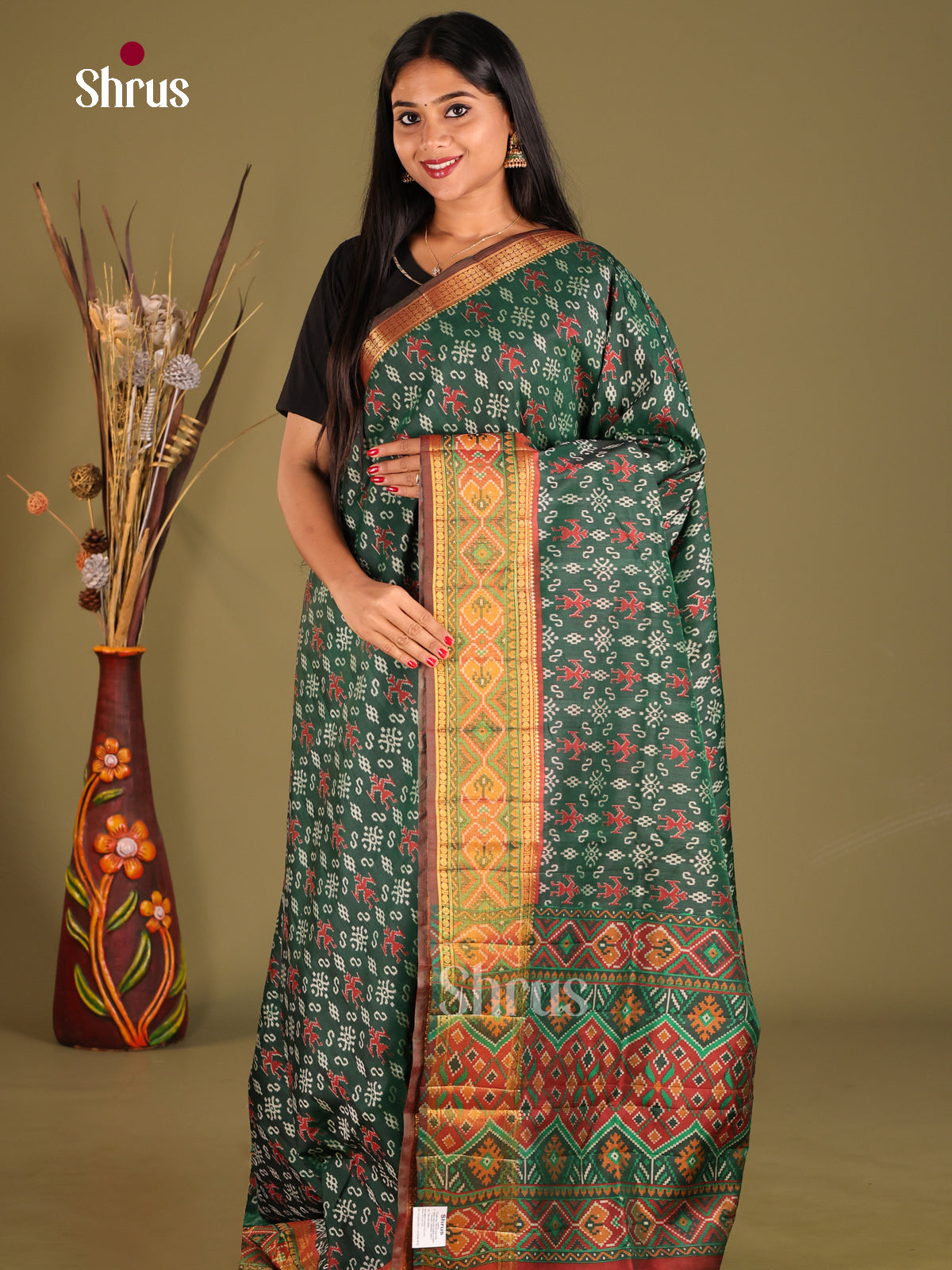 Green & Brown - Semi Patola Saree - Shop on Shrus.com