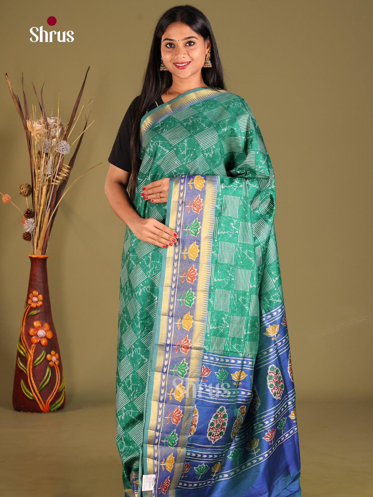 Green & Blue - Semi Patola Saree - Shop on Shrus.com