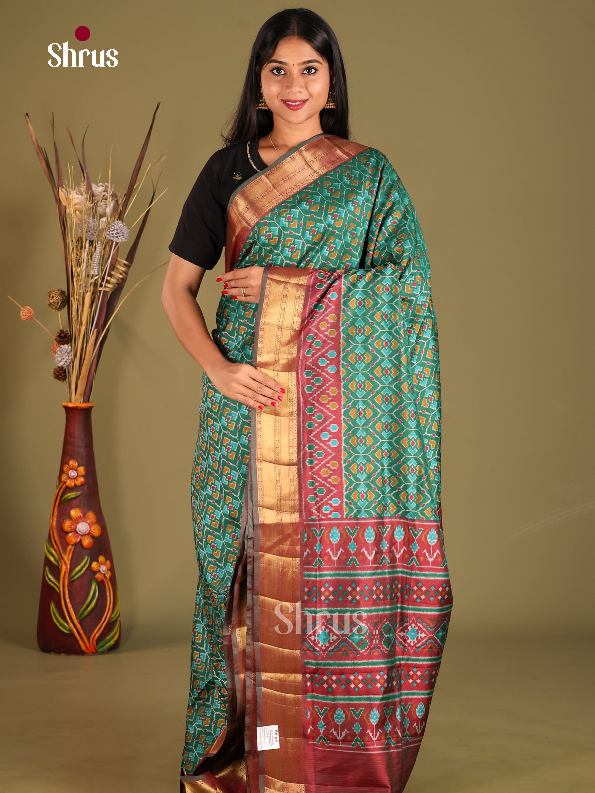 Green & Maroon- Semi Patola Saree - Shop on Shrus.com