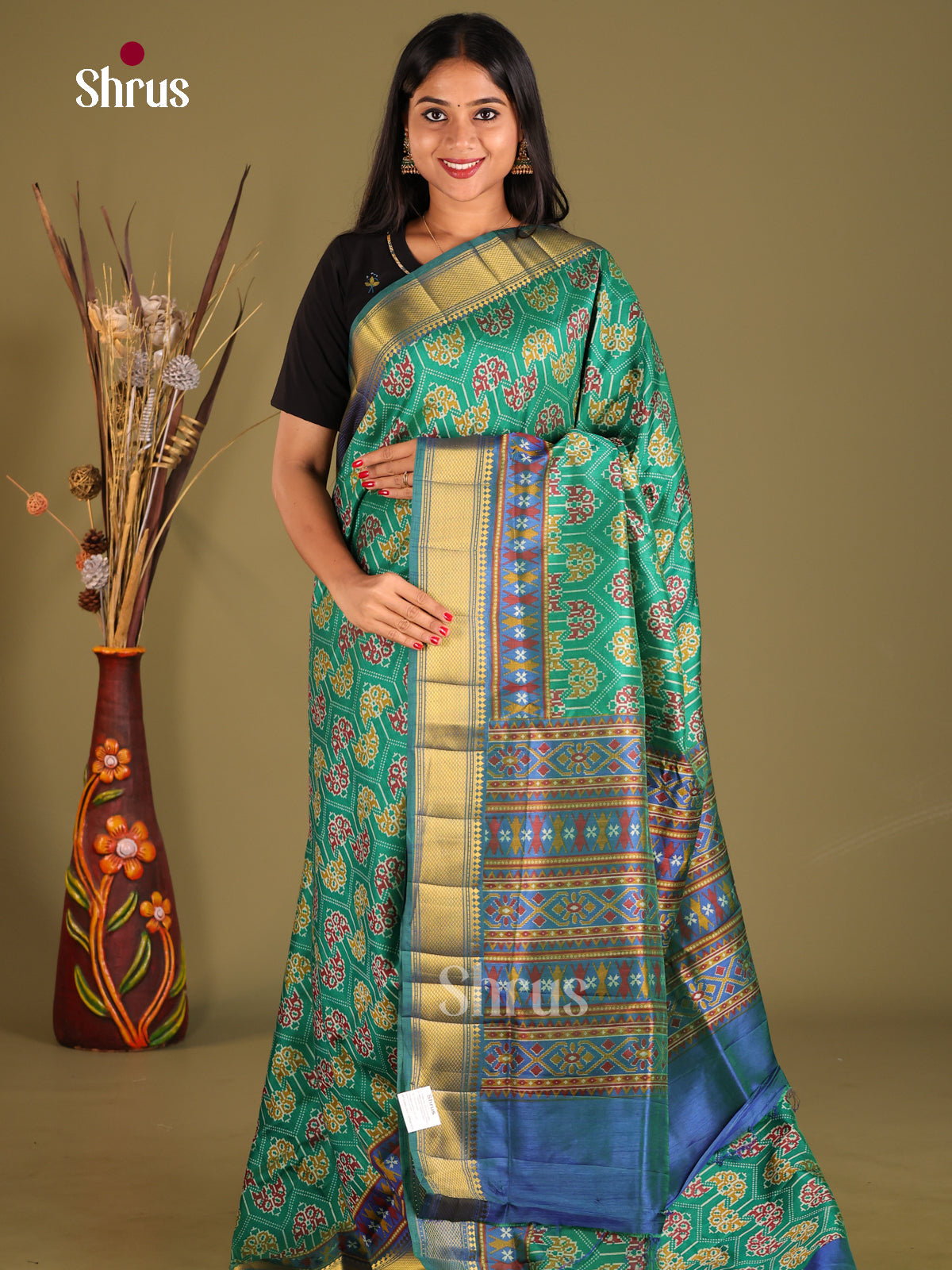 Green & Blue - Semi Patola Saree - Shop on Shrus.com