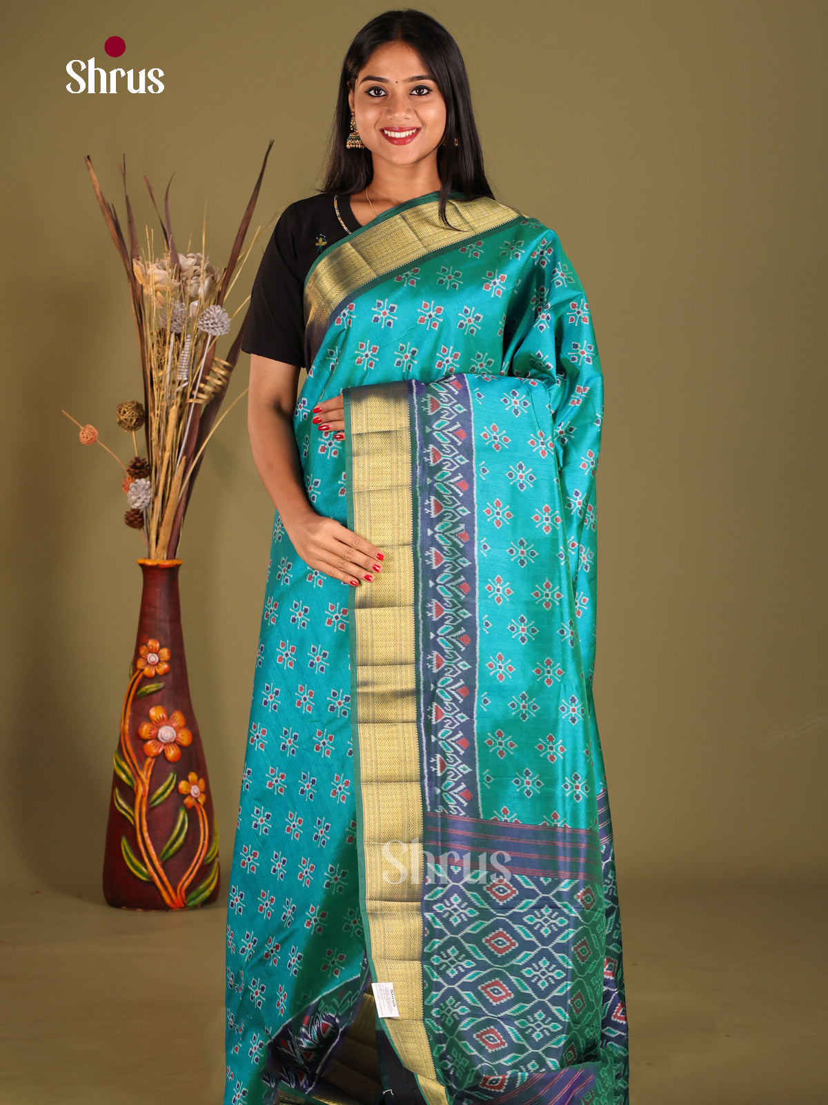 Teal & Blue - Semi Patola Saree - Shop on Shrus.com