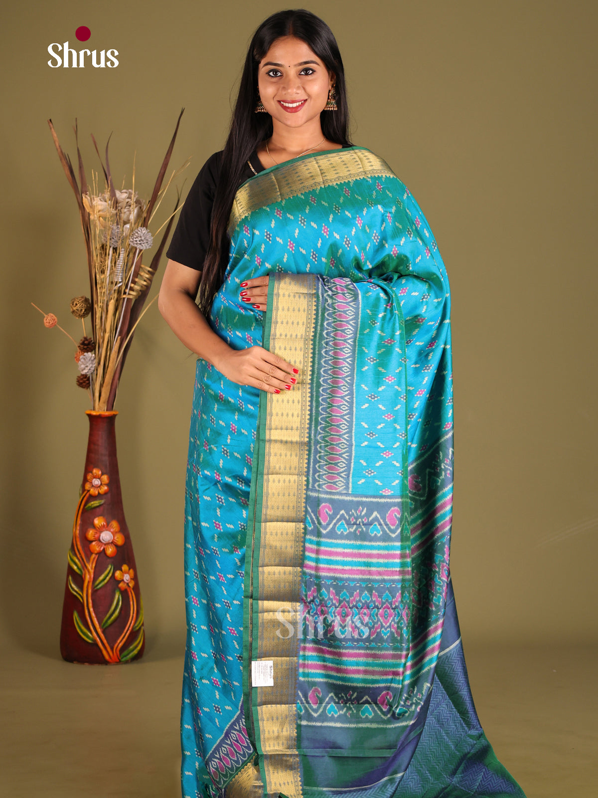 Teal & Blue - Semi Patola Saree - Shop on Shrus.com