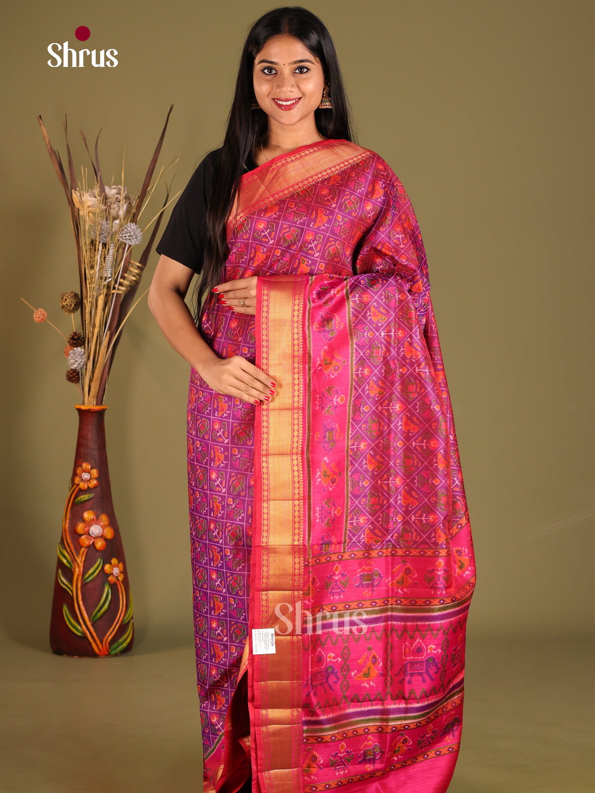 Purple & Pink - Semi Patola Saree - Shop on Shrus.com
