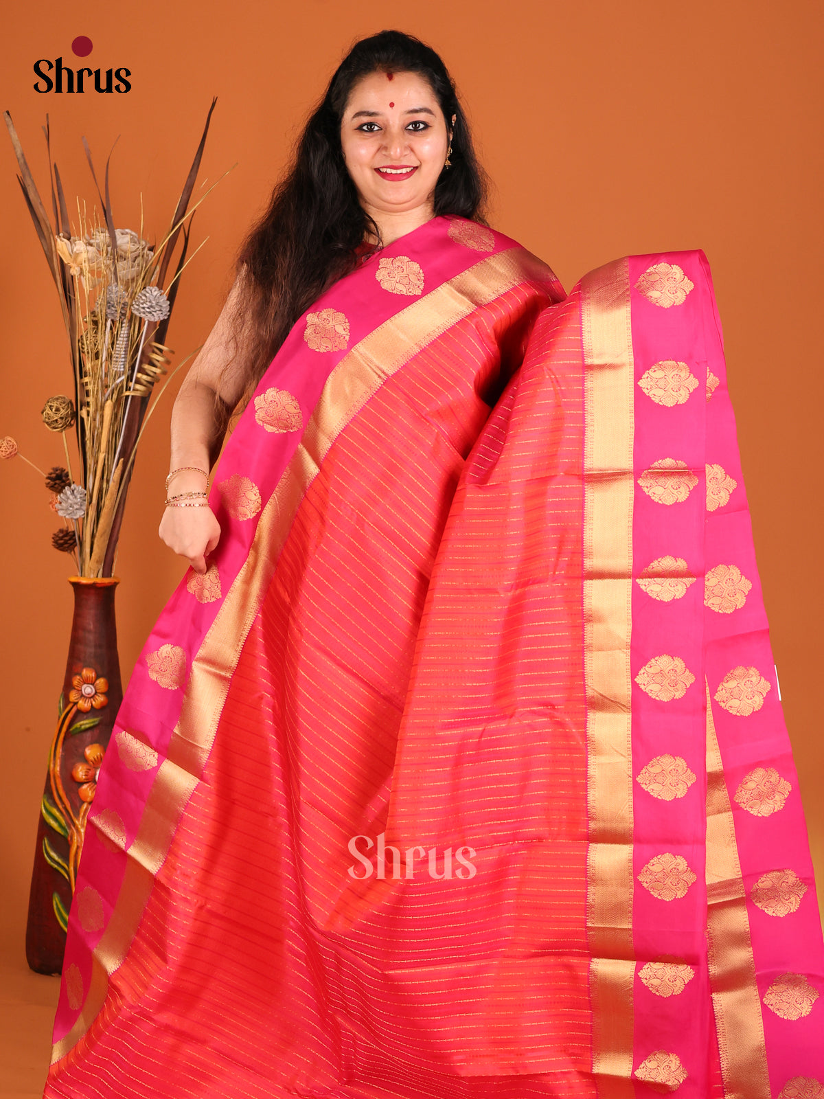 Orangish Pink & Pink Kanchipuram silk  Saree with zari stripes , brocade pallu-2