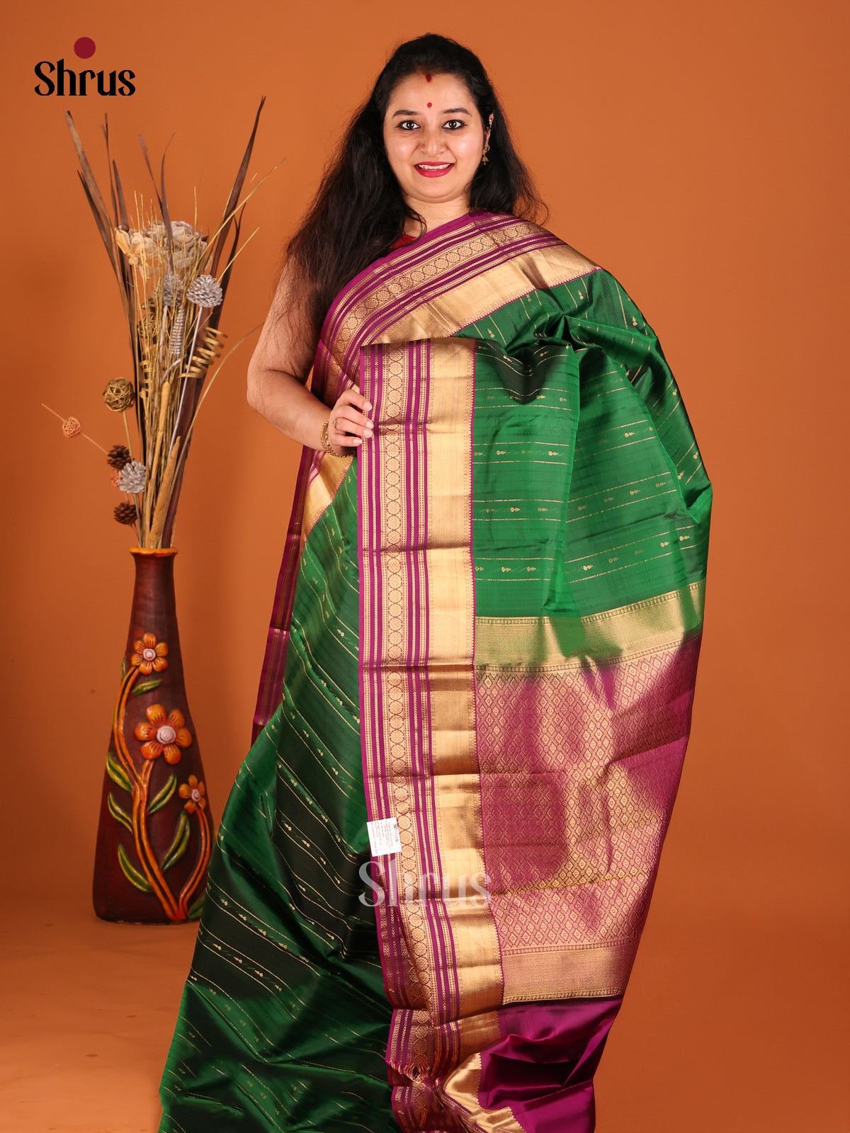Green & Purple Kanchipuram silk Saree with zari stripes, buttas - Shop on Shrus.com
