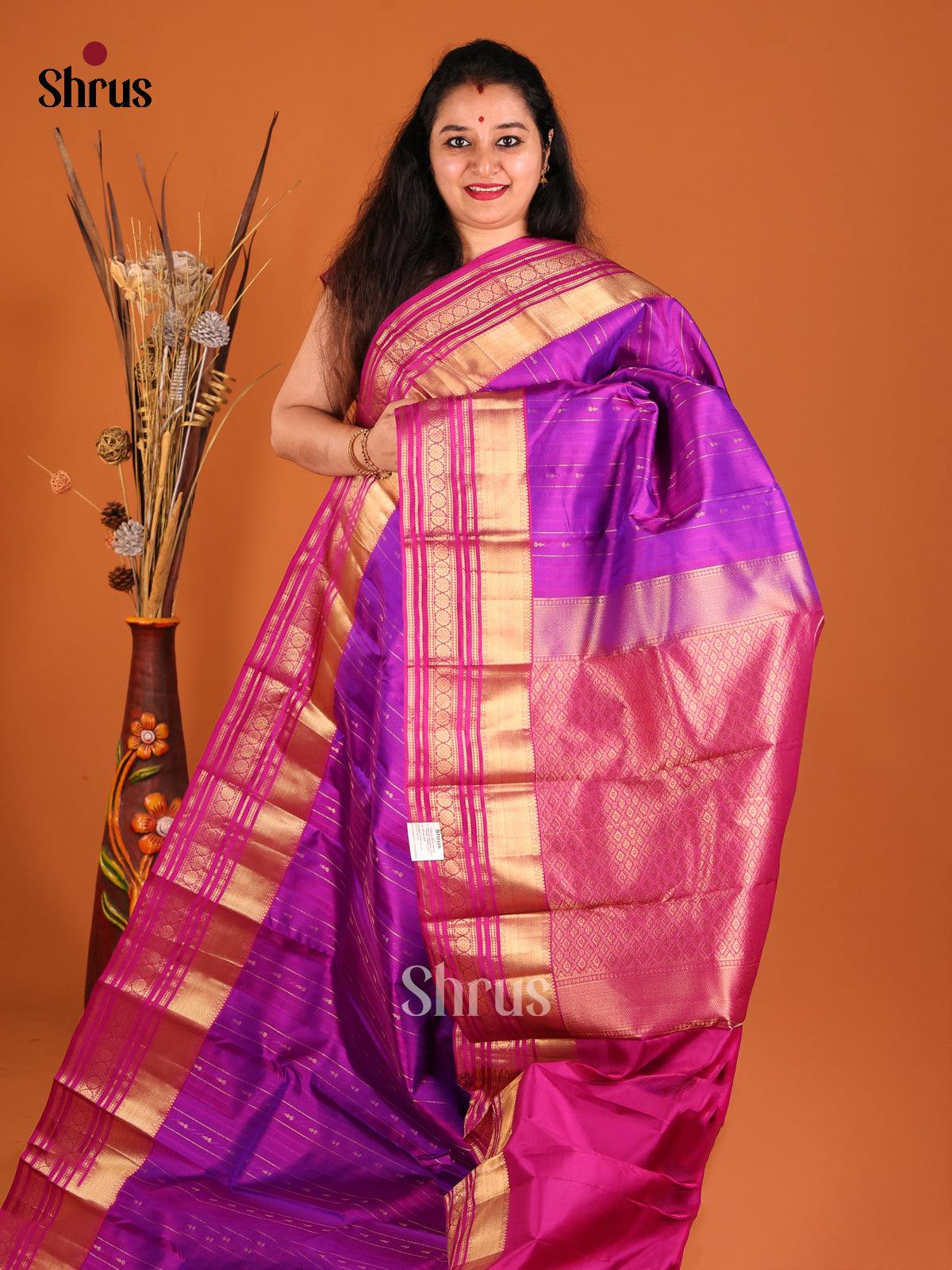 Purple & Majenta Kanchipuram silk Saree with zari stripes , buttas-1