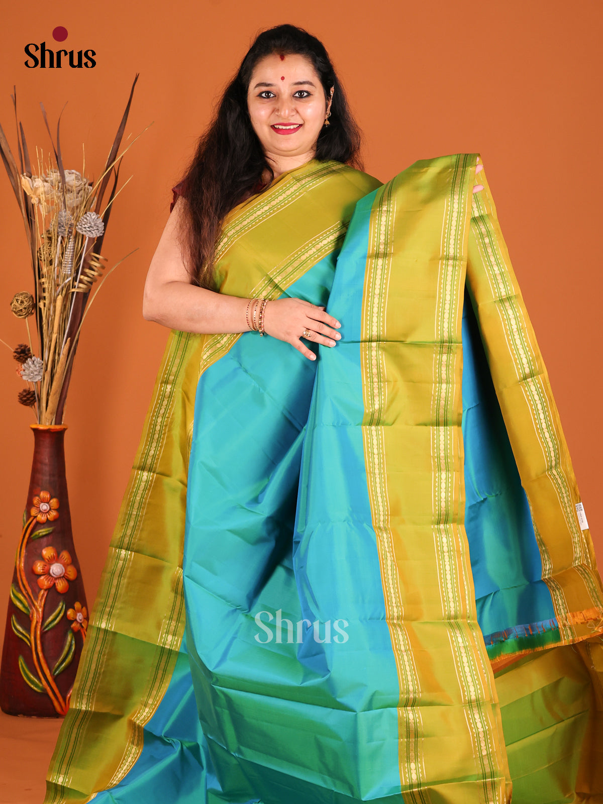 Blue & Green  Kanchipuram silk Saree with contrast rettaipet border-2