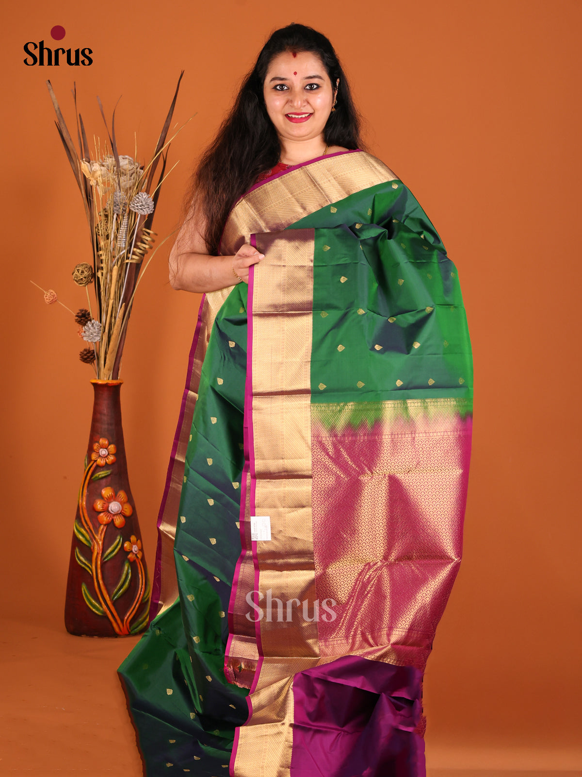 Green & Purple Kanchipuram silk  Saree with zari drop buttas-1