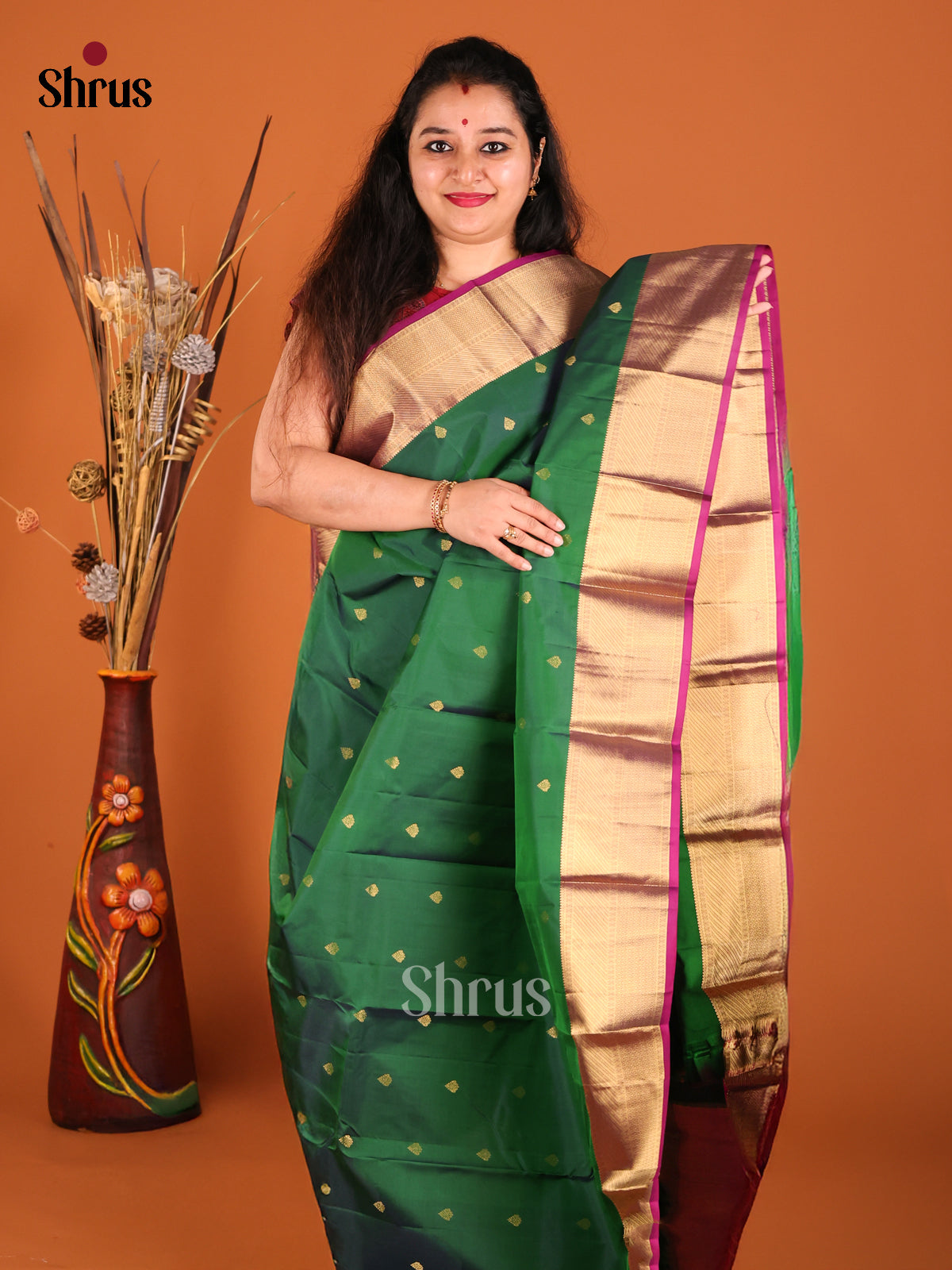 Green & Purple Kanchipuram silk  Saree with zari drop buttas-2