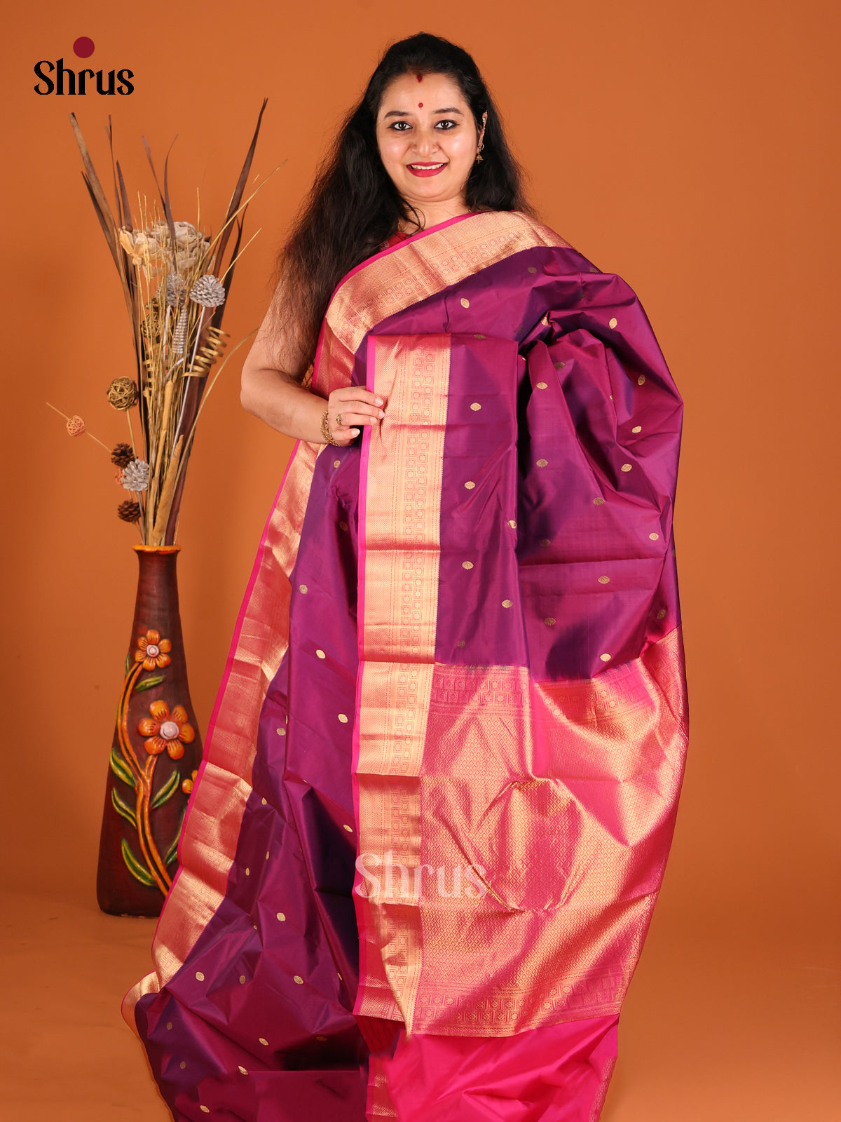 Purple & Pink Kanchipuram silk  Saree with  contrast zari brocade pallu - Shop on Shrus.com