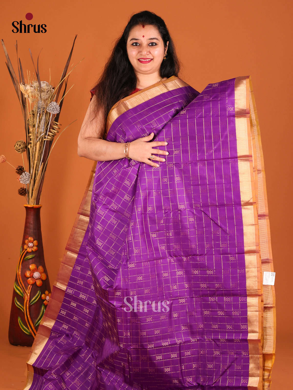 Purple & Brown Kanchipuram silk  Saree with zari checks & Buttas - Shop on Shrus.com