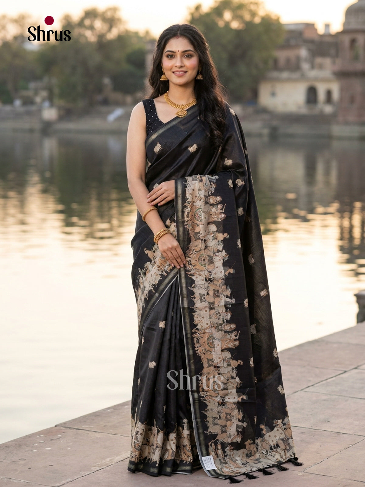 Black - Semi Chanderi Saree